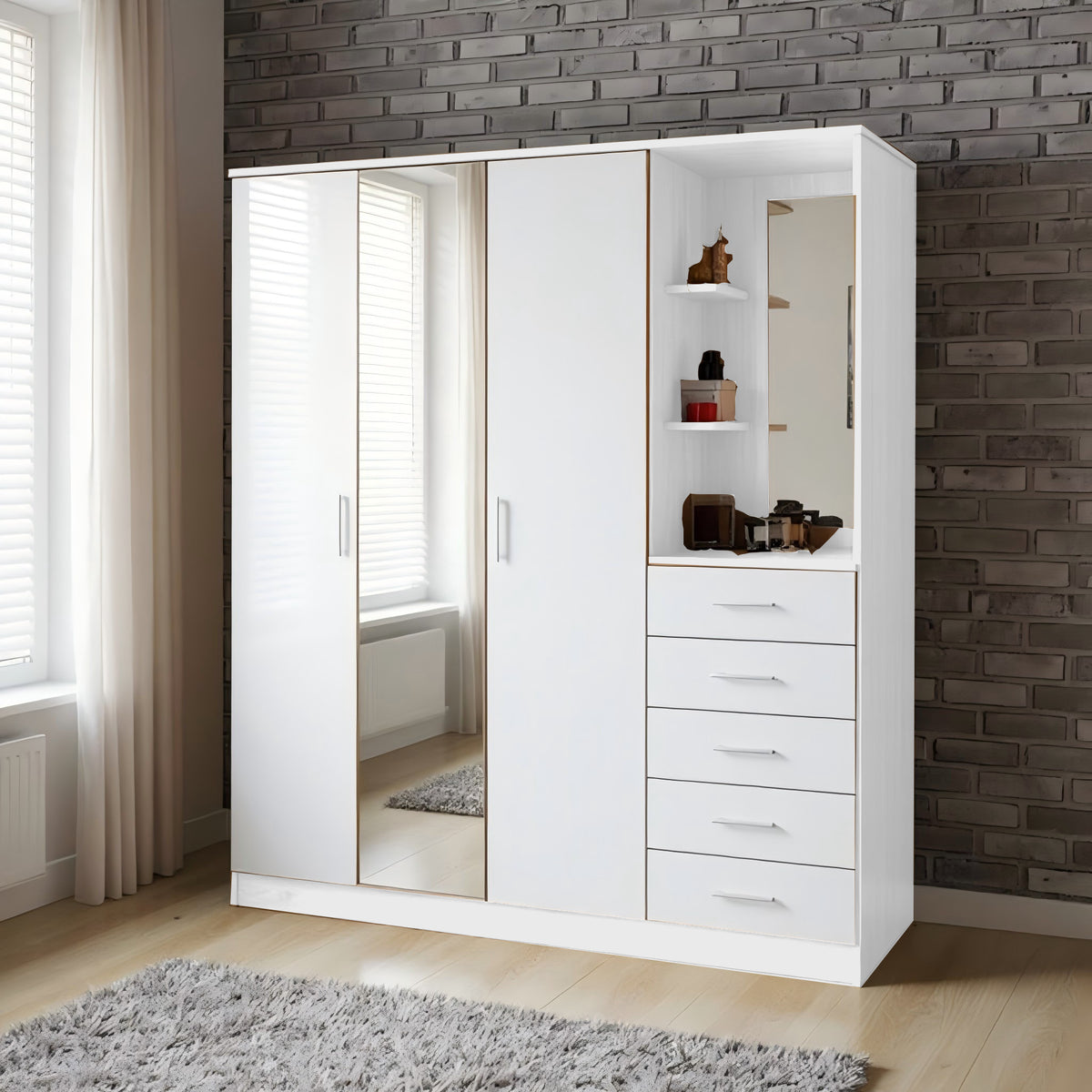 Modern High Gloss Wardrobe, Melamine Finish - CARLETON Mirror Combi Unit