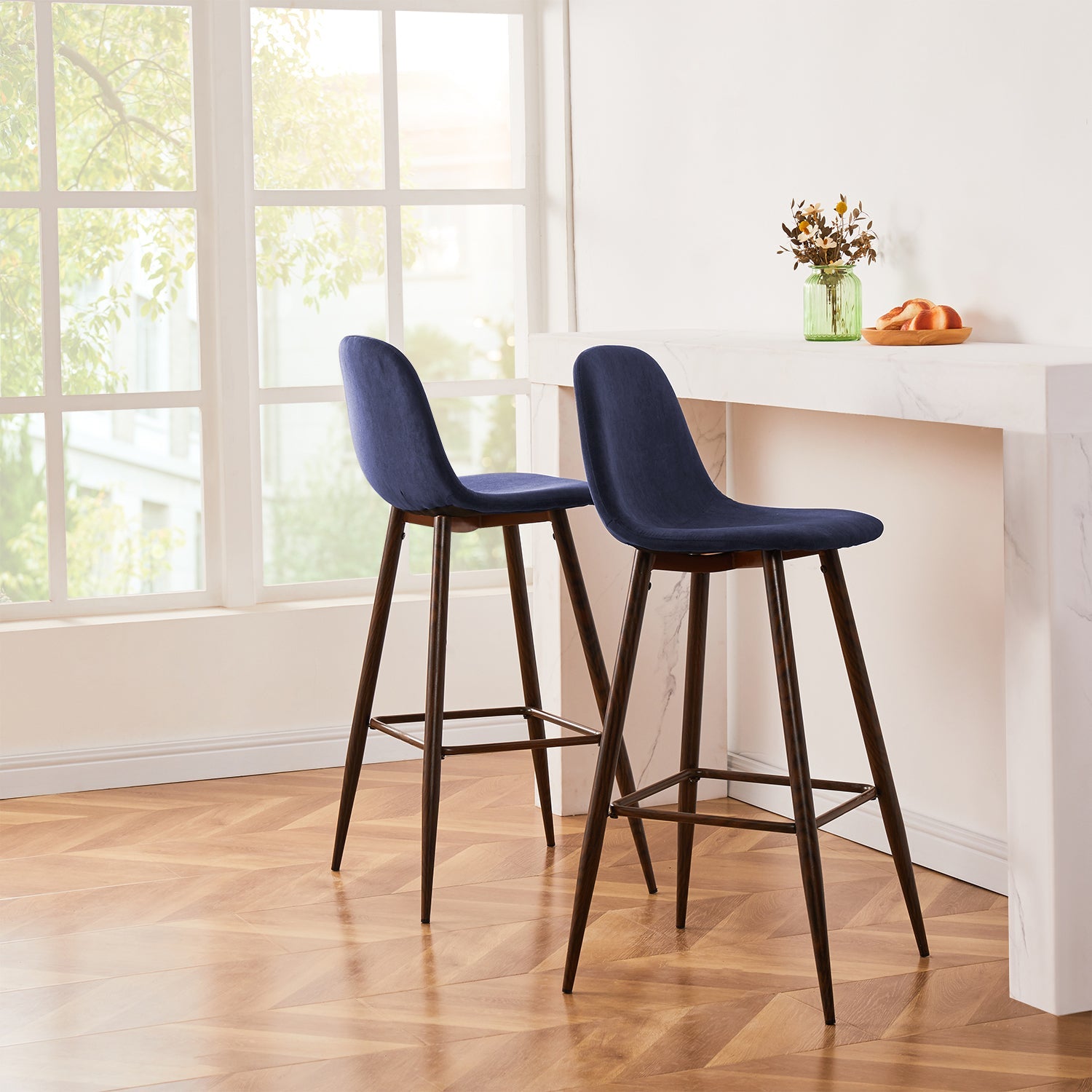 Charlton Terry Upholstery Walnut Metal Leg Bar Stool