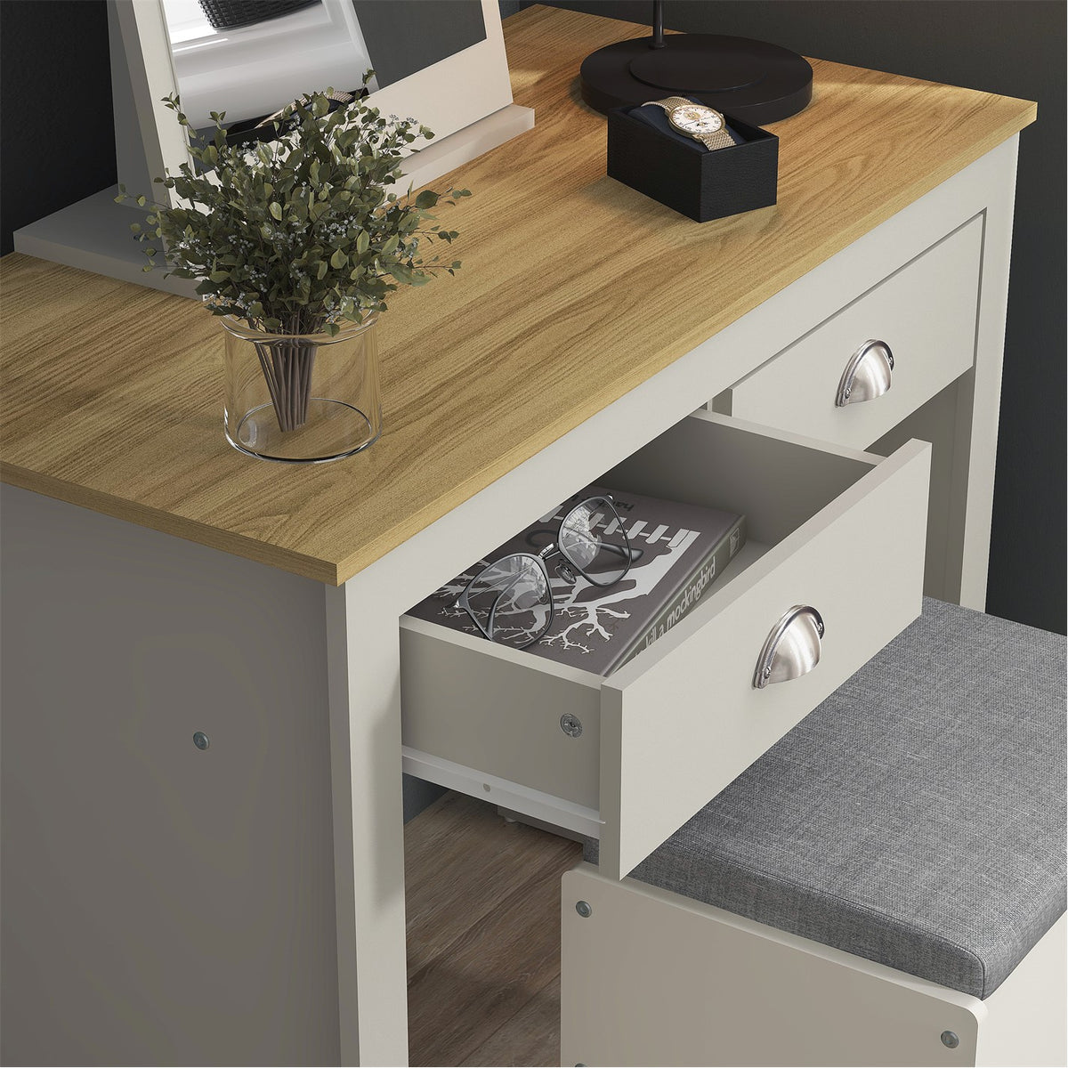 Modern Grey Vanity, MDF Melamine Finish - LANCASTER 2 Drawer Dressing Table Set