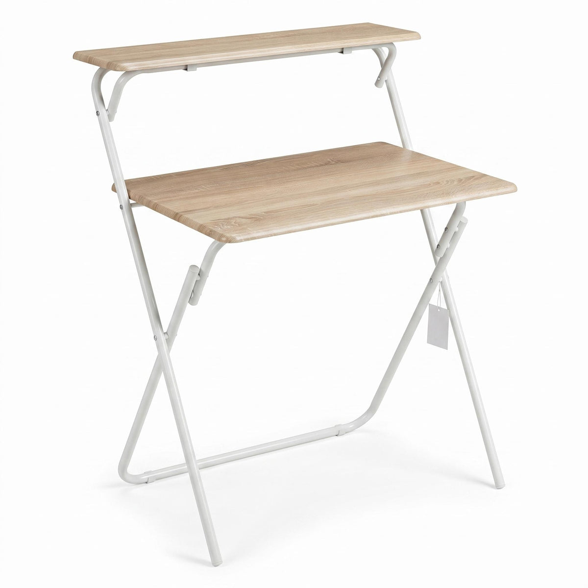 Modern Foldable Desk, MDF Oak Top & White Steel Frame - MEGAN TABLE 3D