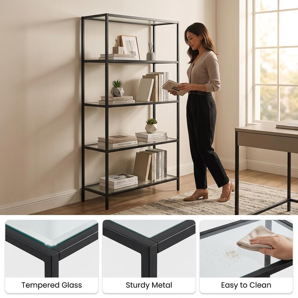 Modern Black Metal Shelf, Tempered Glass - REGENT SHELF UNT BLK