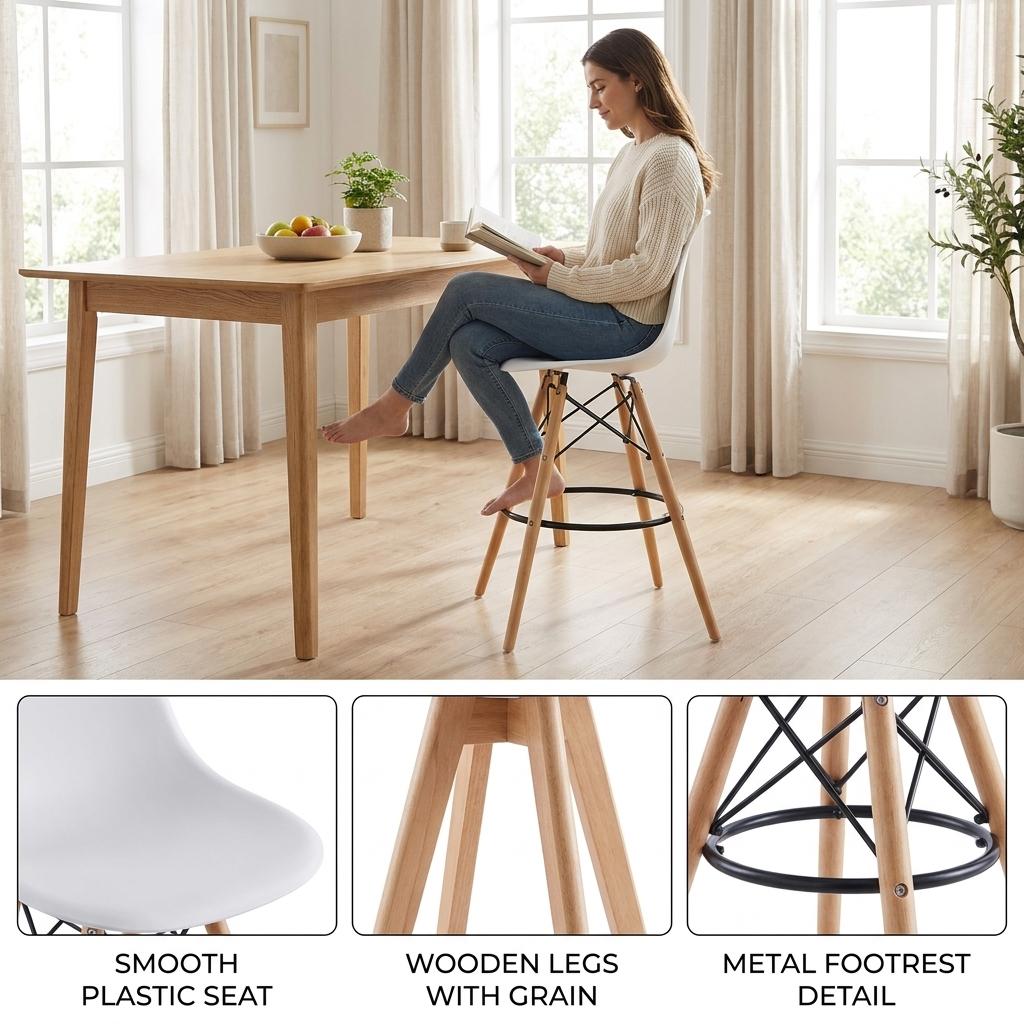Modern Bar Stool, Solid Beech Wood Legs – RICO BAR-63 WHITE