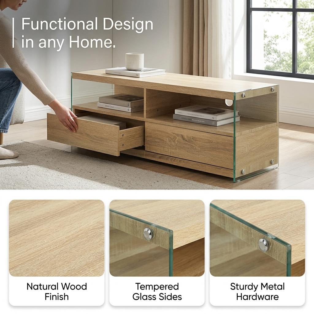 Modern Oak TV Stand, Tempered Glass Frame - VINE OAK