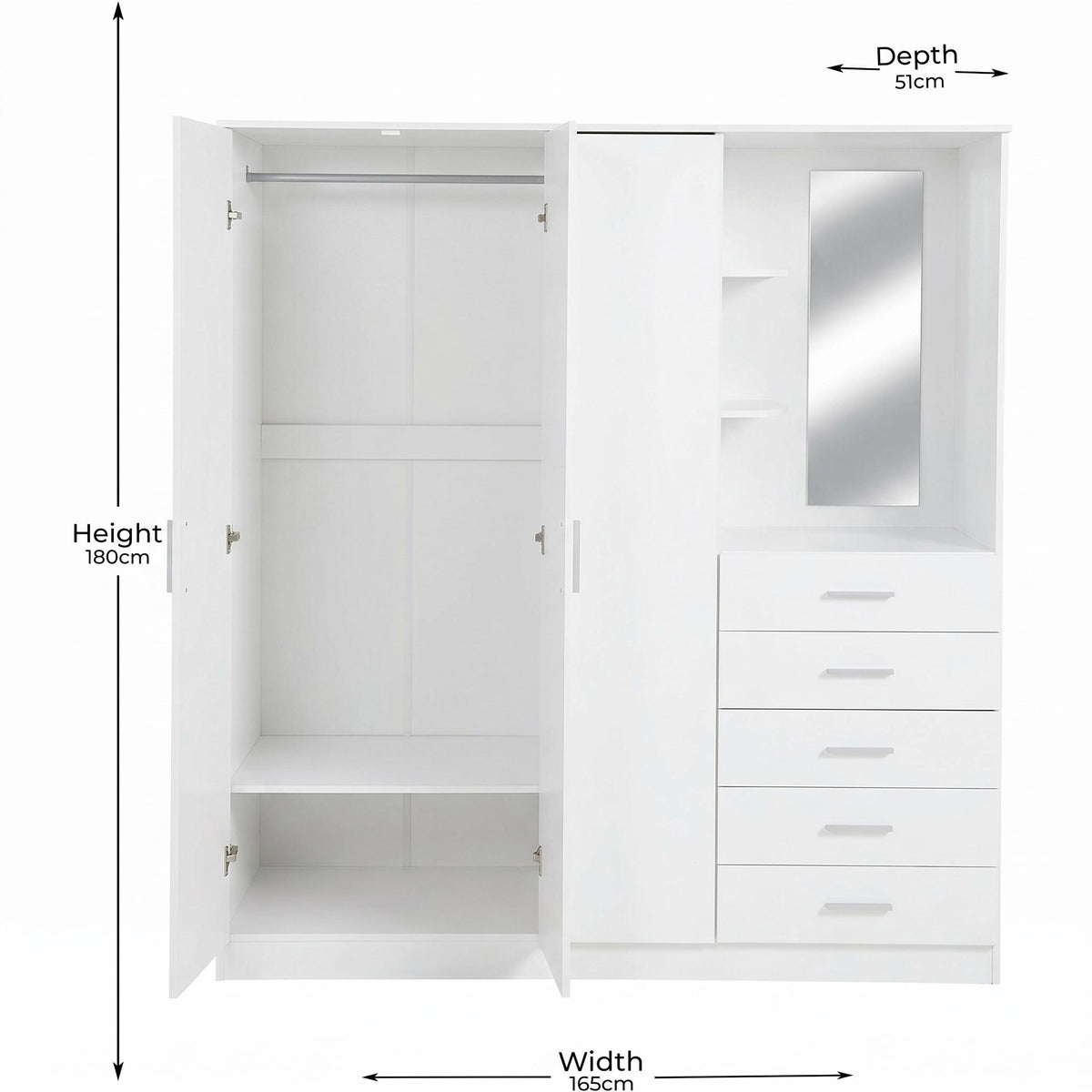 Modern High Gloss Wardrobe, Melamine Finish - CARLETON HIGH GLOSS MIRROR COMBI UNIT