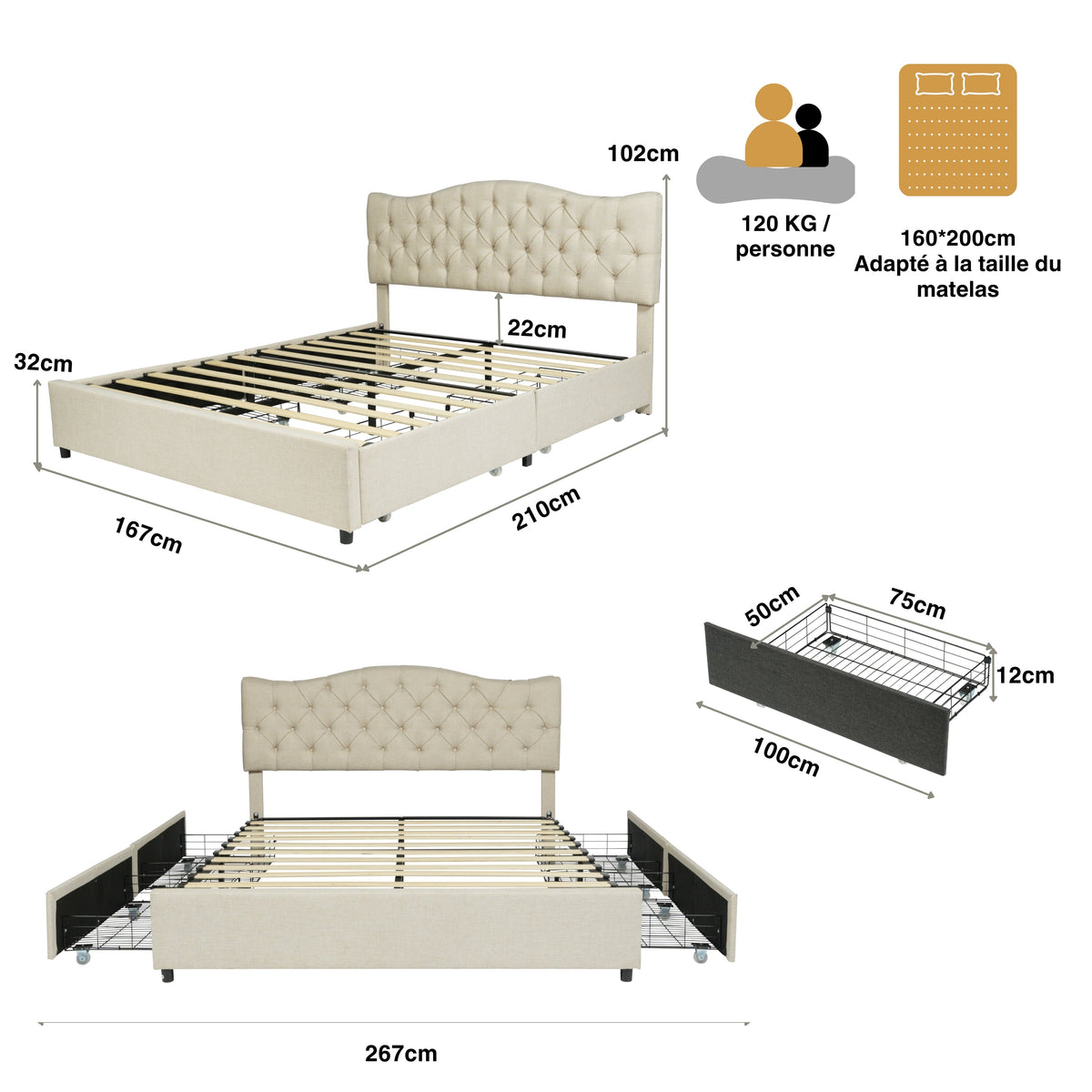 Leon With Drawers 160 Beige Beds