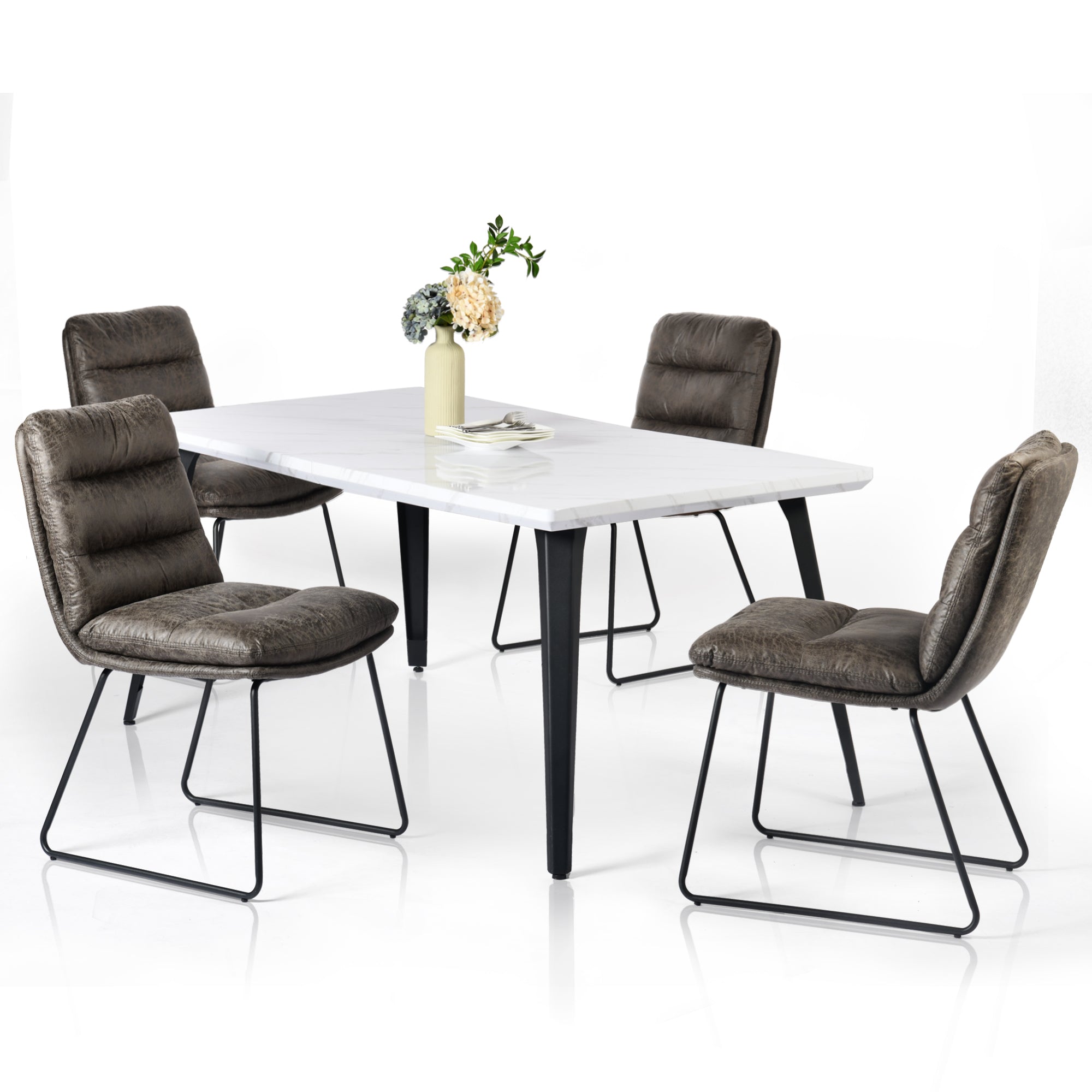 Elegant Dining Set, Brown Leather Chairs, Sleek Marble Table, Rustic Design, Natural Top Grain Leather, Perfect for Home Dining Spaces, Modern Elegance, Comfortable Seating