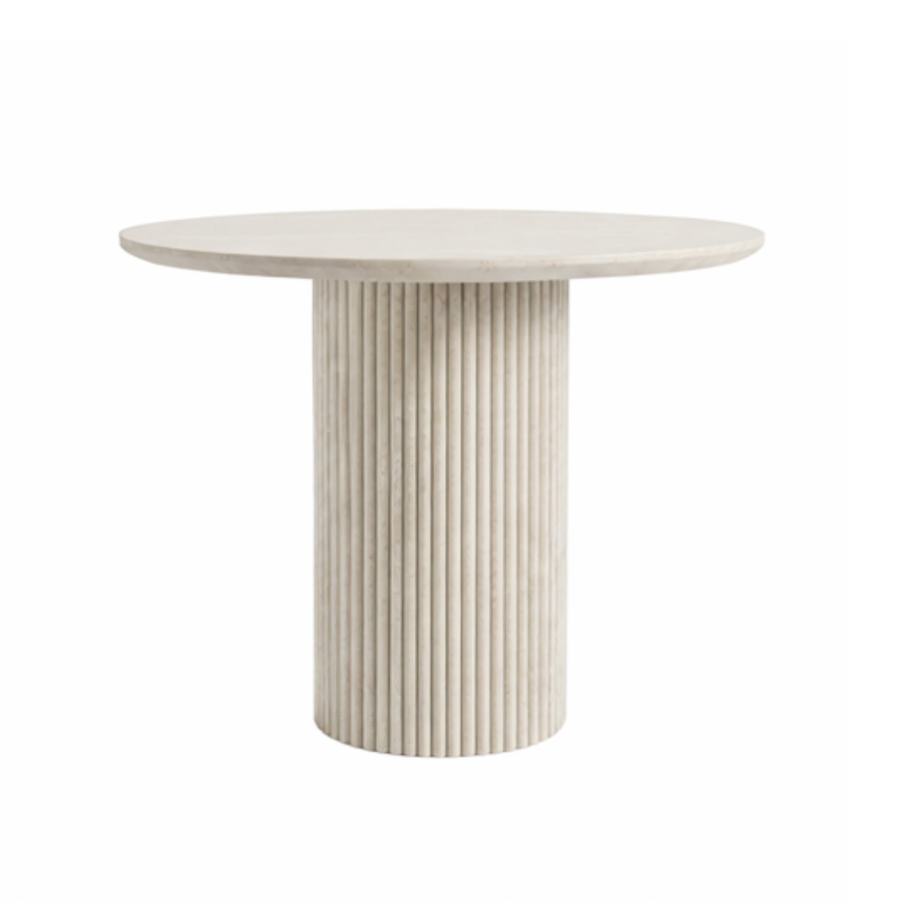 Round Dining Table with Yellow Travertine Effect Melamine Finish and Fluted Pedestal Base - ROWAN