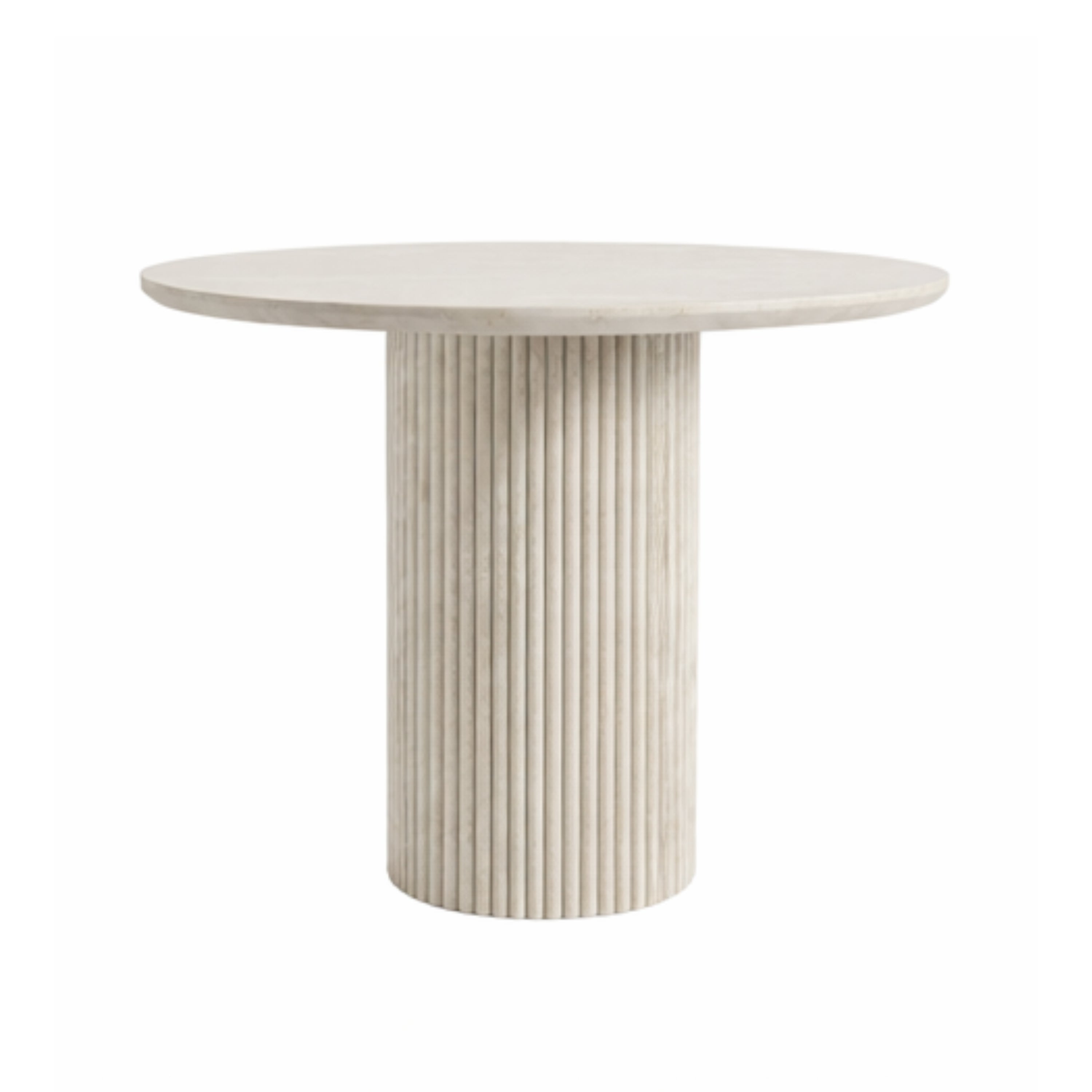 Round Dining Table with Yellow Travertine Effect Melamine Finish and Fluted Pedestal Base - ROWAN