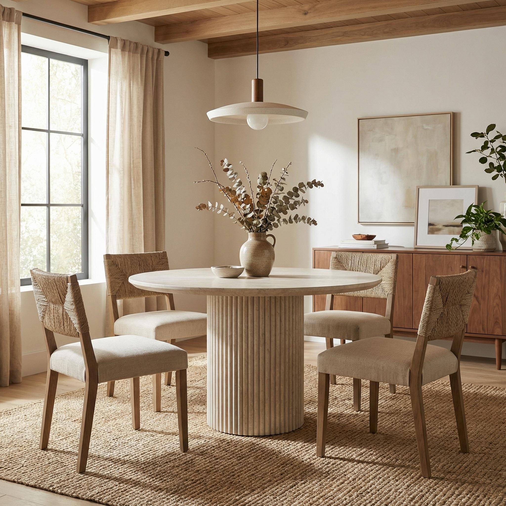 Round Dining Table with Yellow Travertine Effect Melamine Finish and Fluted Pedestal Base - ROWAN