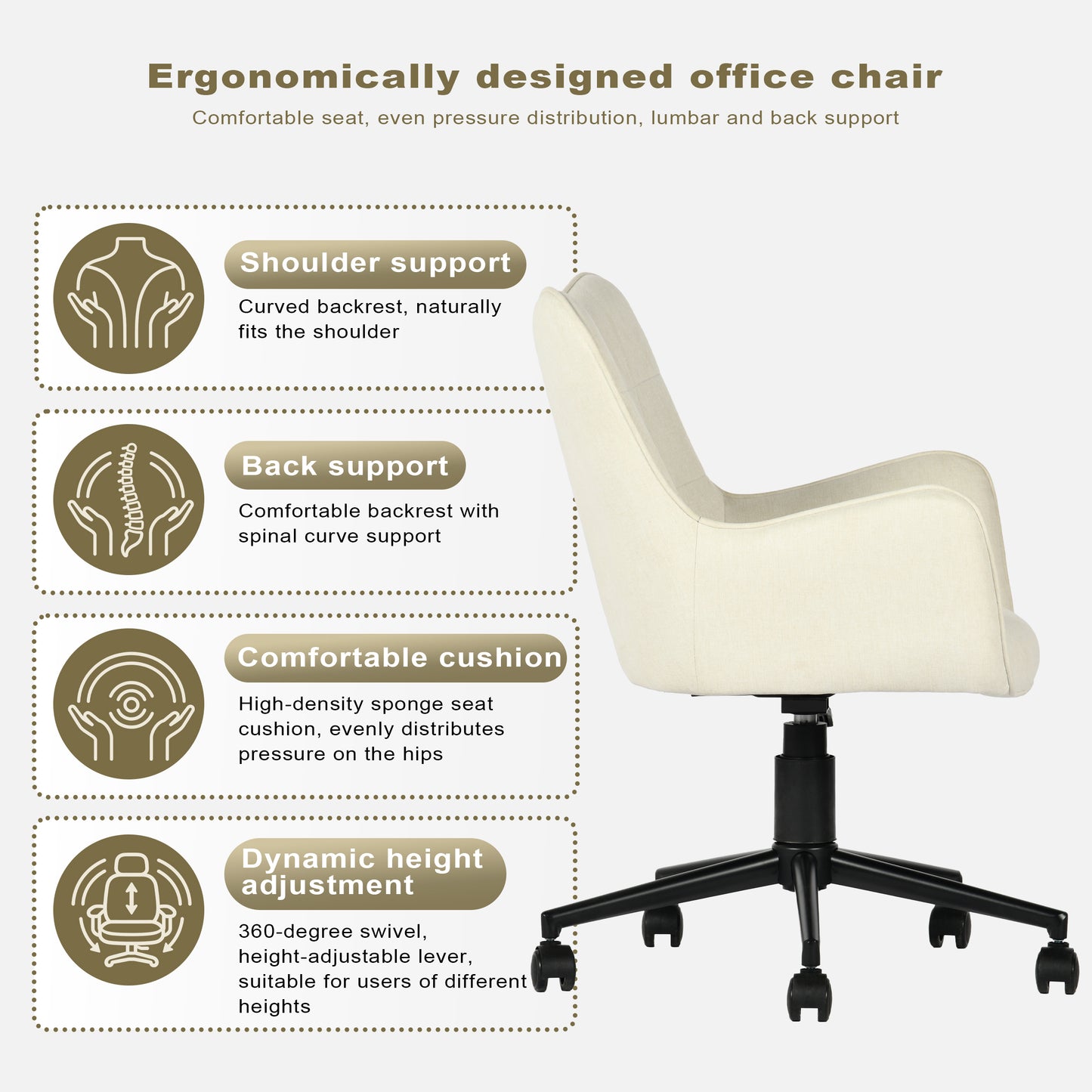 Modern Ergonomic Office Chair, Fabric Upholstery – KASA BEIGE