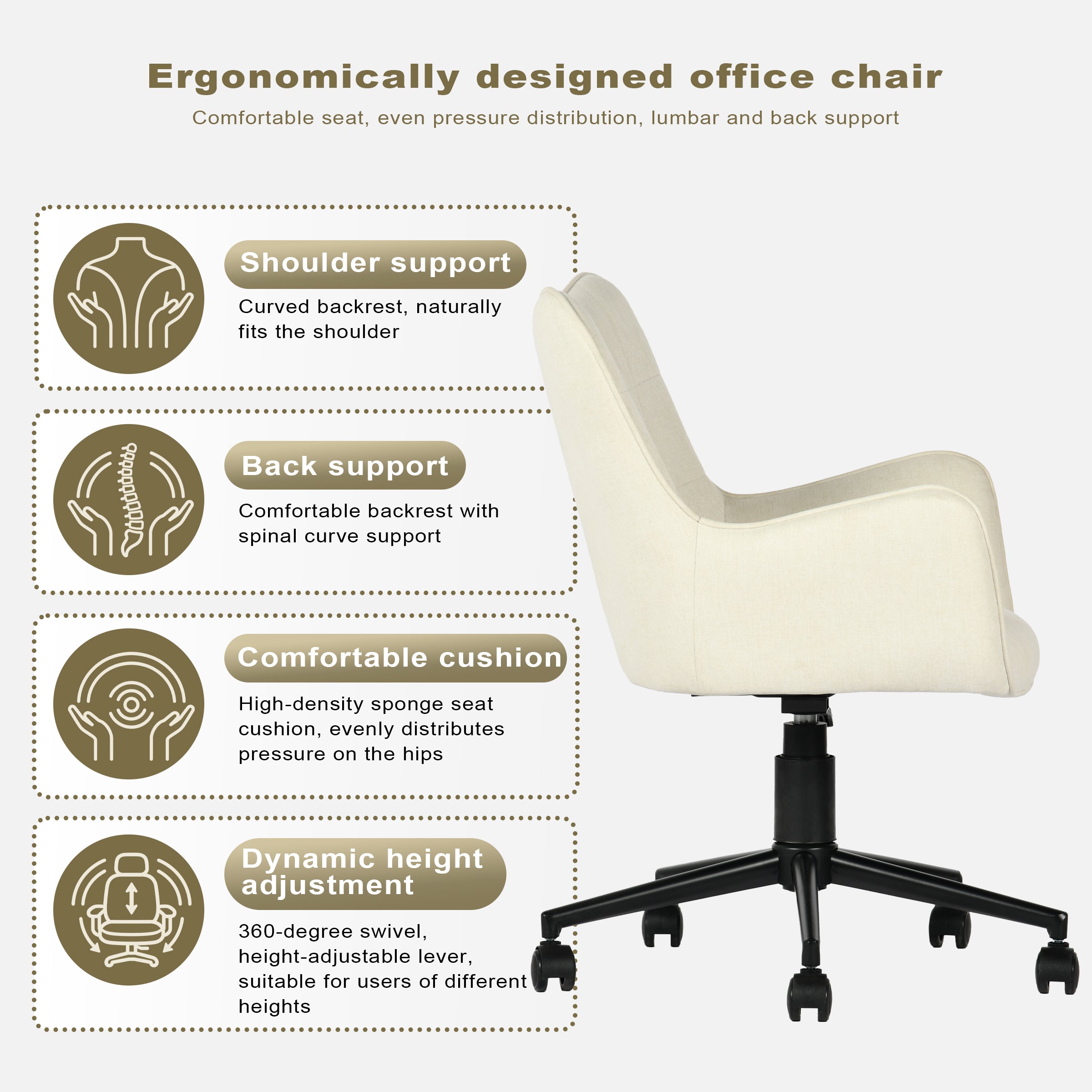 Modern Ergonomic Office Chair, Fabric Upholstery - KASA BEIGE