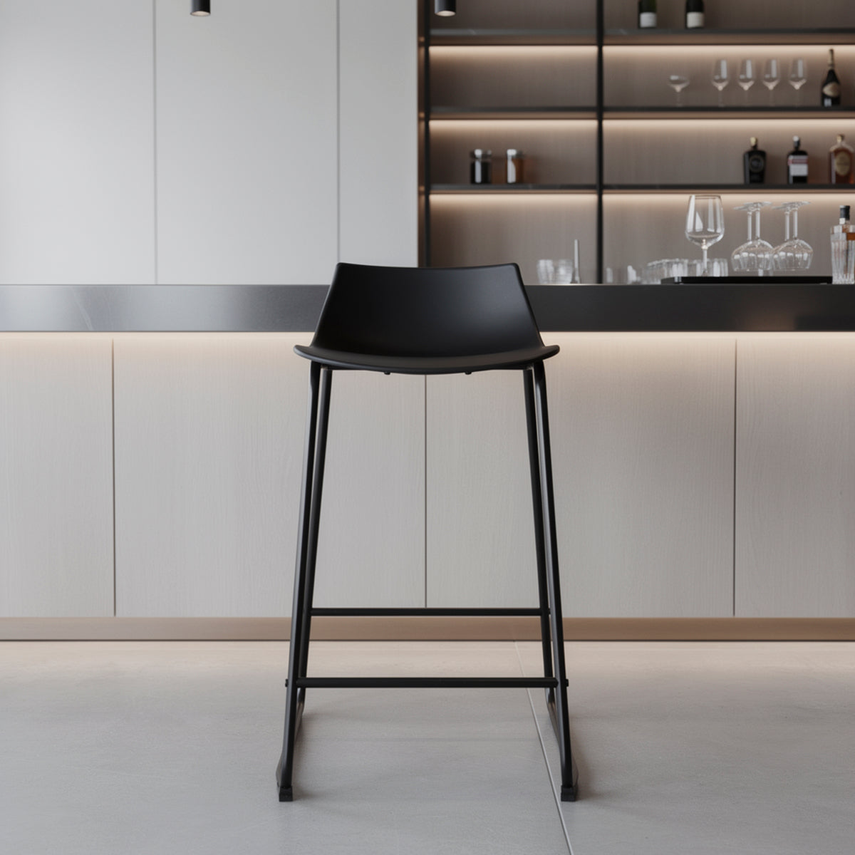 Modern Black Bar Stool, PP Seat & Metal Legs - LAMER BLACK