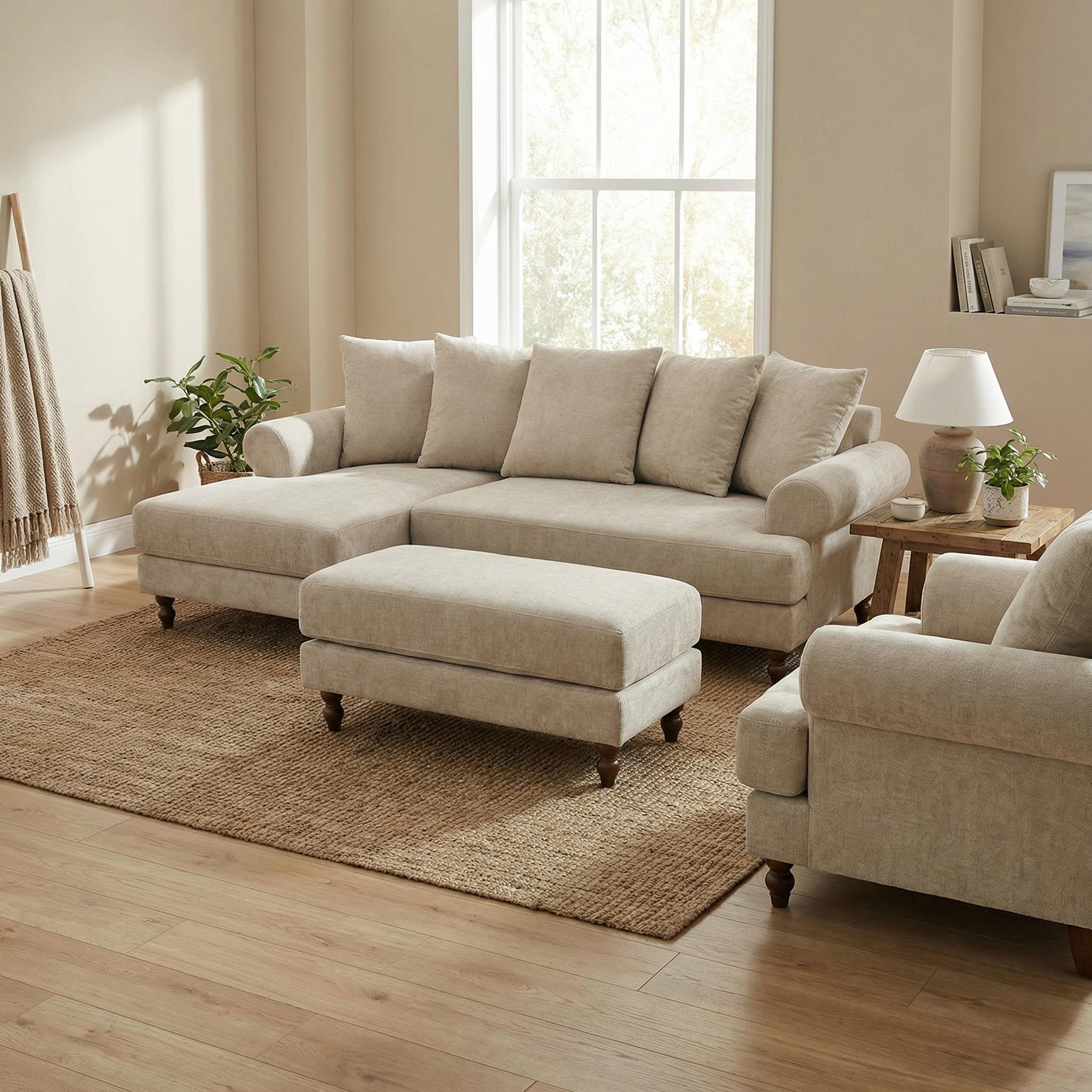 Modern Beige Fabric, Wooden Frame - ELAITH LOUNGE SOFA