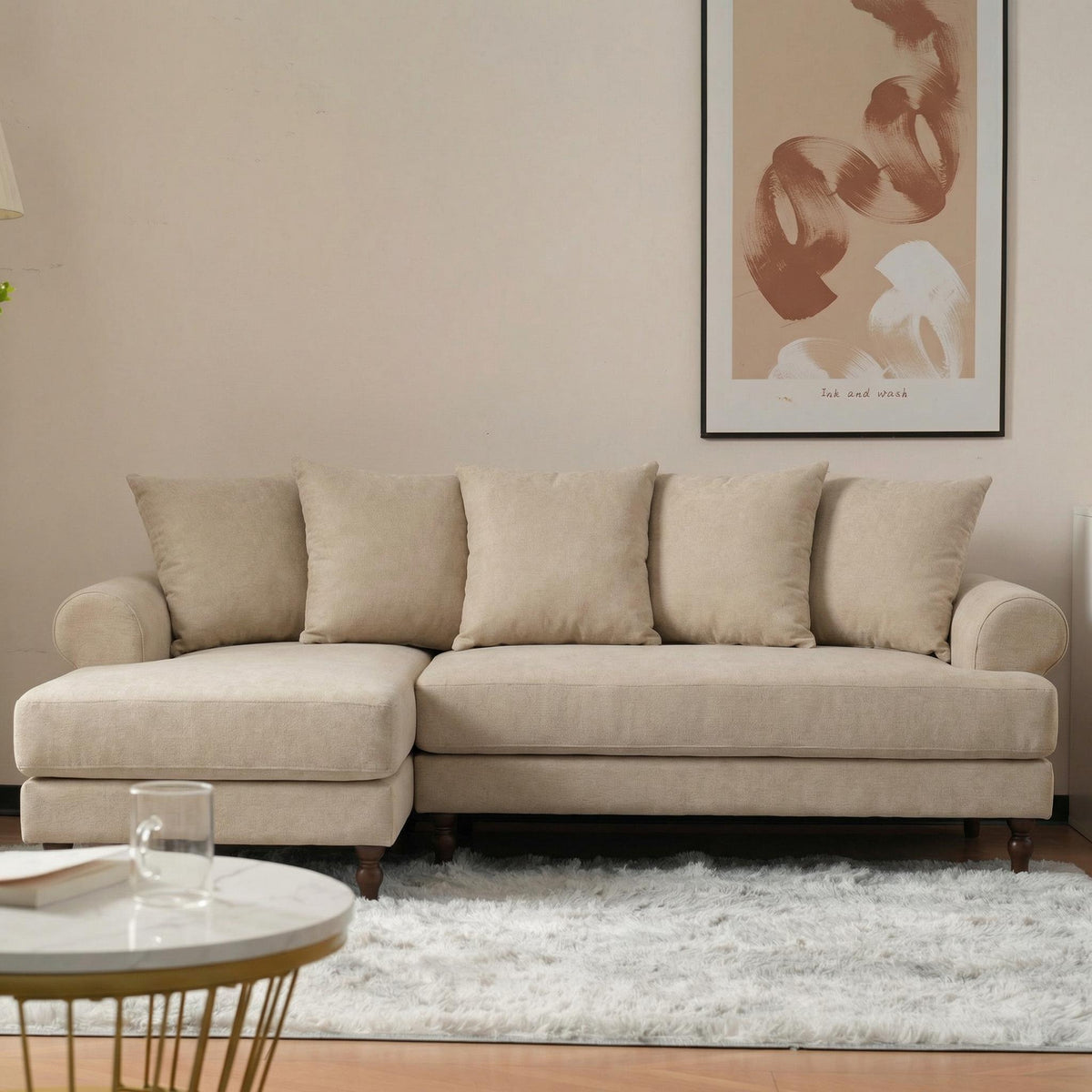 Modern Beige Fabric, Wooden Frame - ELAITH LOUNGE SOFA