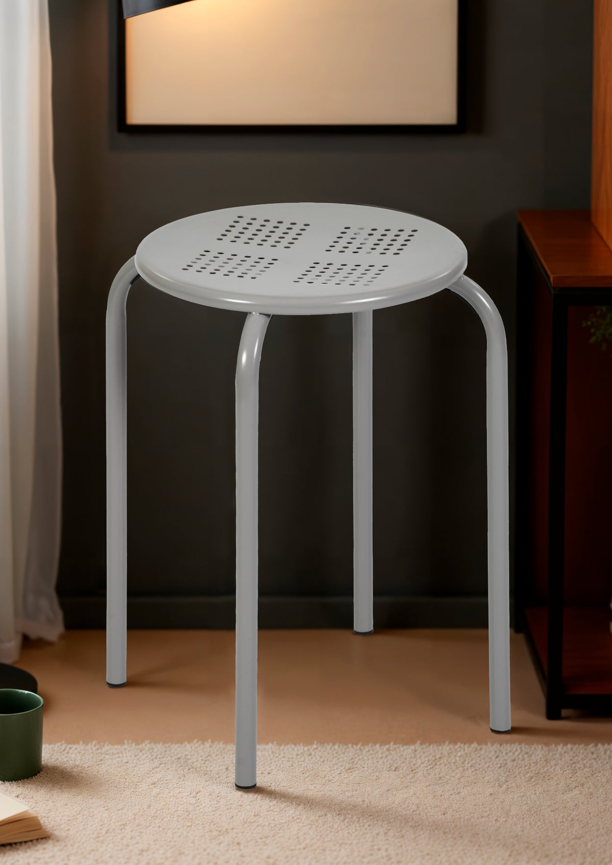 Modern Minimalist Metal Stool, Light Grey Finish - ARON 408U
