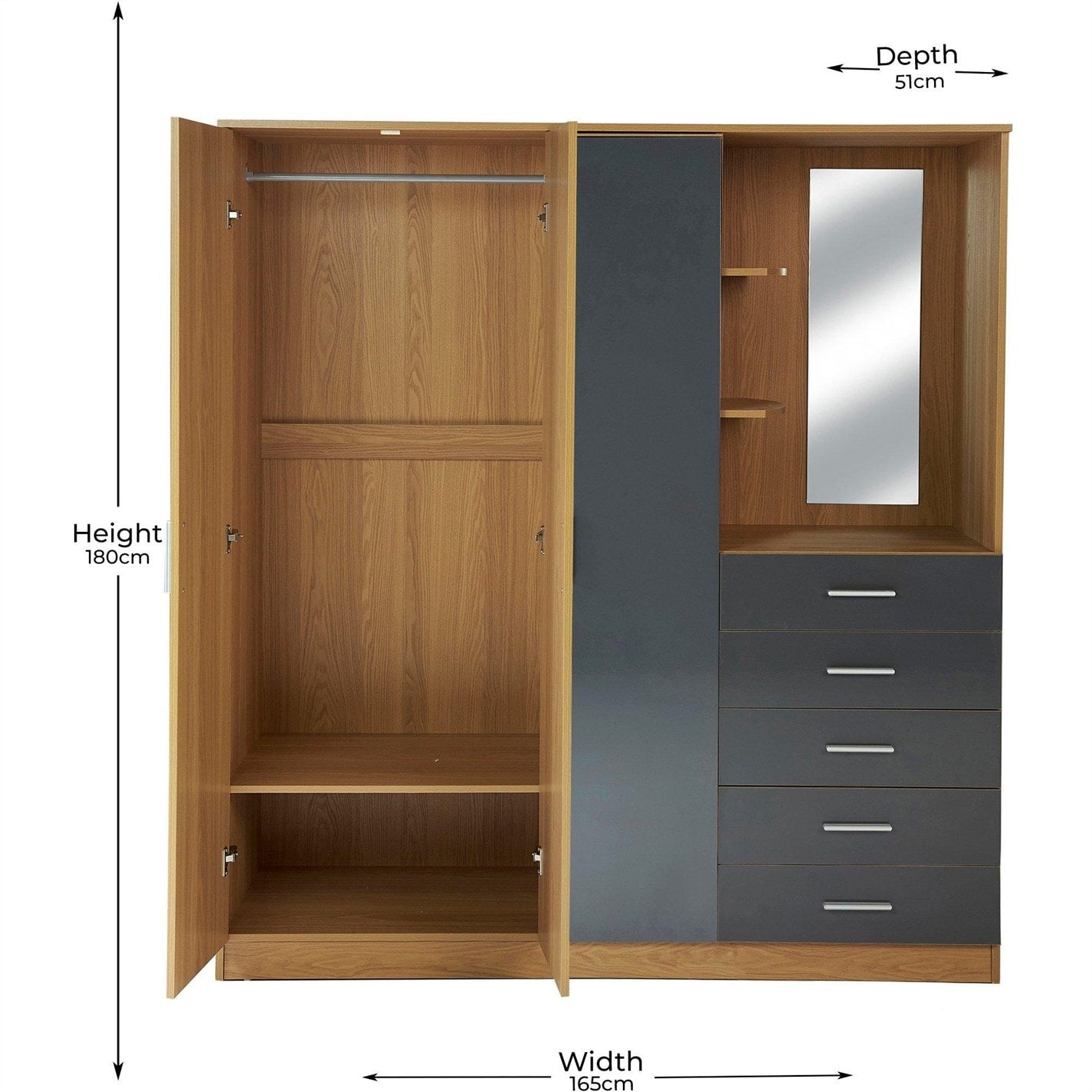 Modern High Gloss Wardrobe, Melamine Finish - CARLETON HIGH GLOSS MIRROR COMBI UNIT