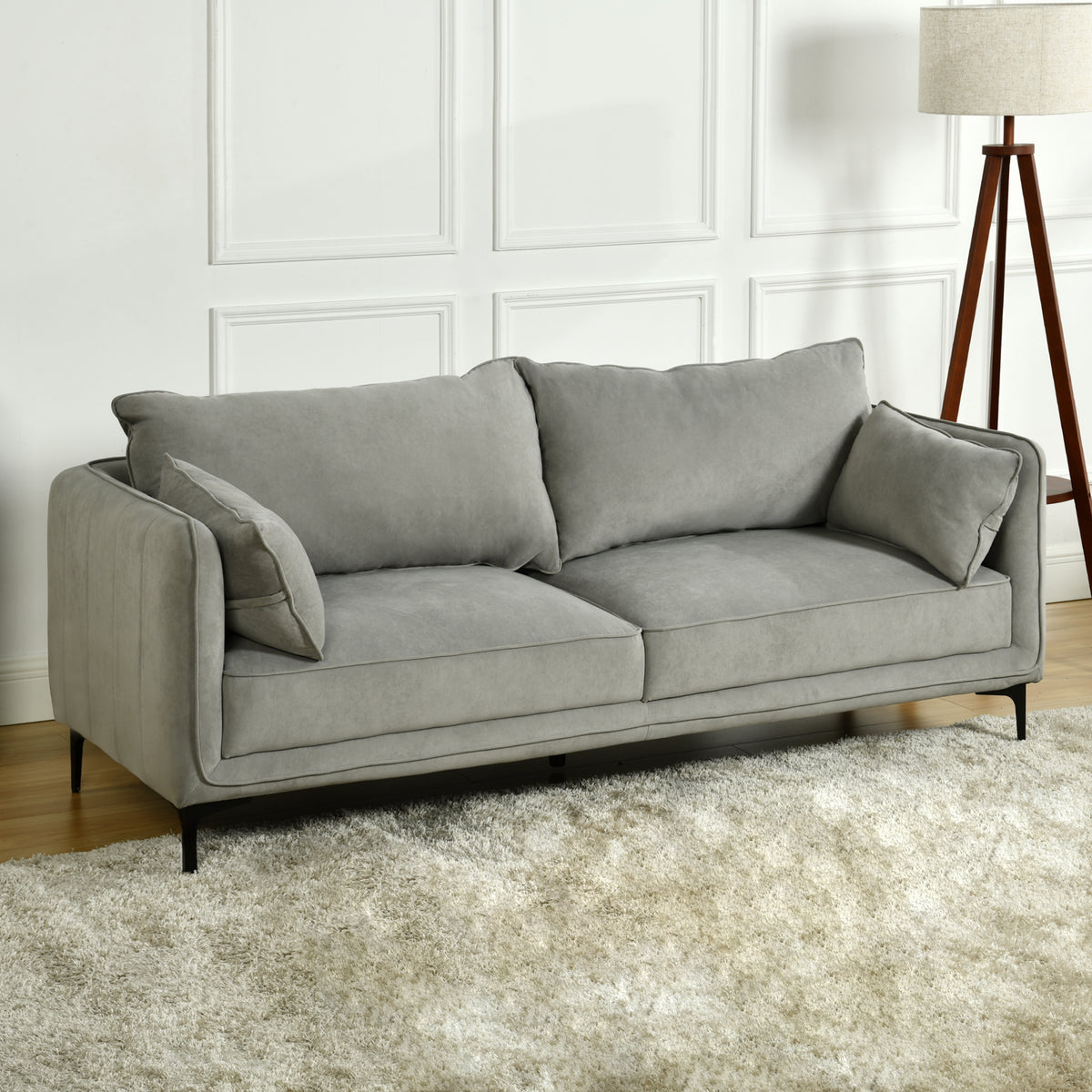 Modern Velvet Upholstered, Black Leg Sofa - MAKULA 3 SEATER GREY