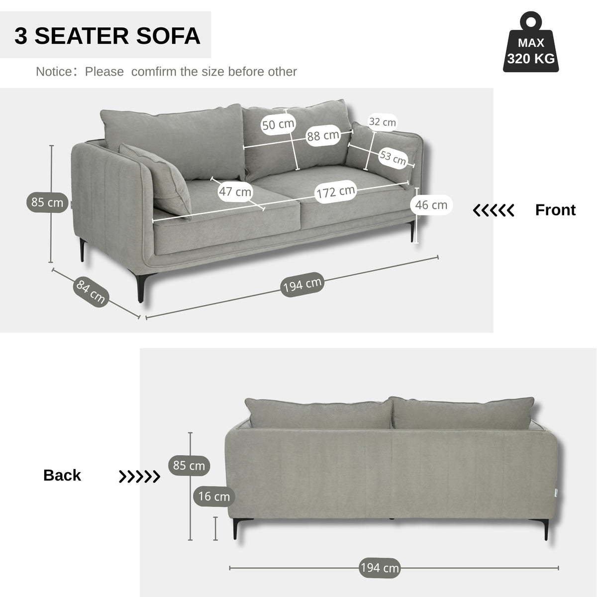 Modern Velvet Upholstered, Black Leg Sofa - MAKULA 3 SEATER GREY