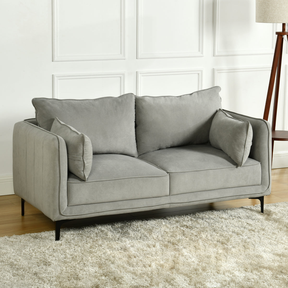 Modern Velvet Upholstered Sofa, Black Legs - Makula Double GREY
