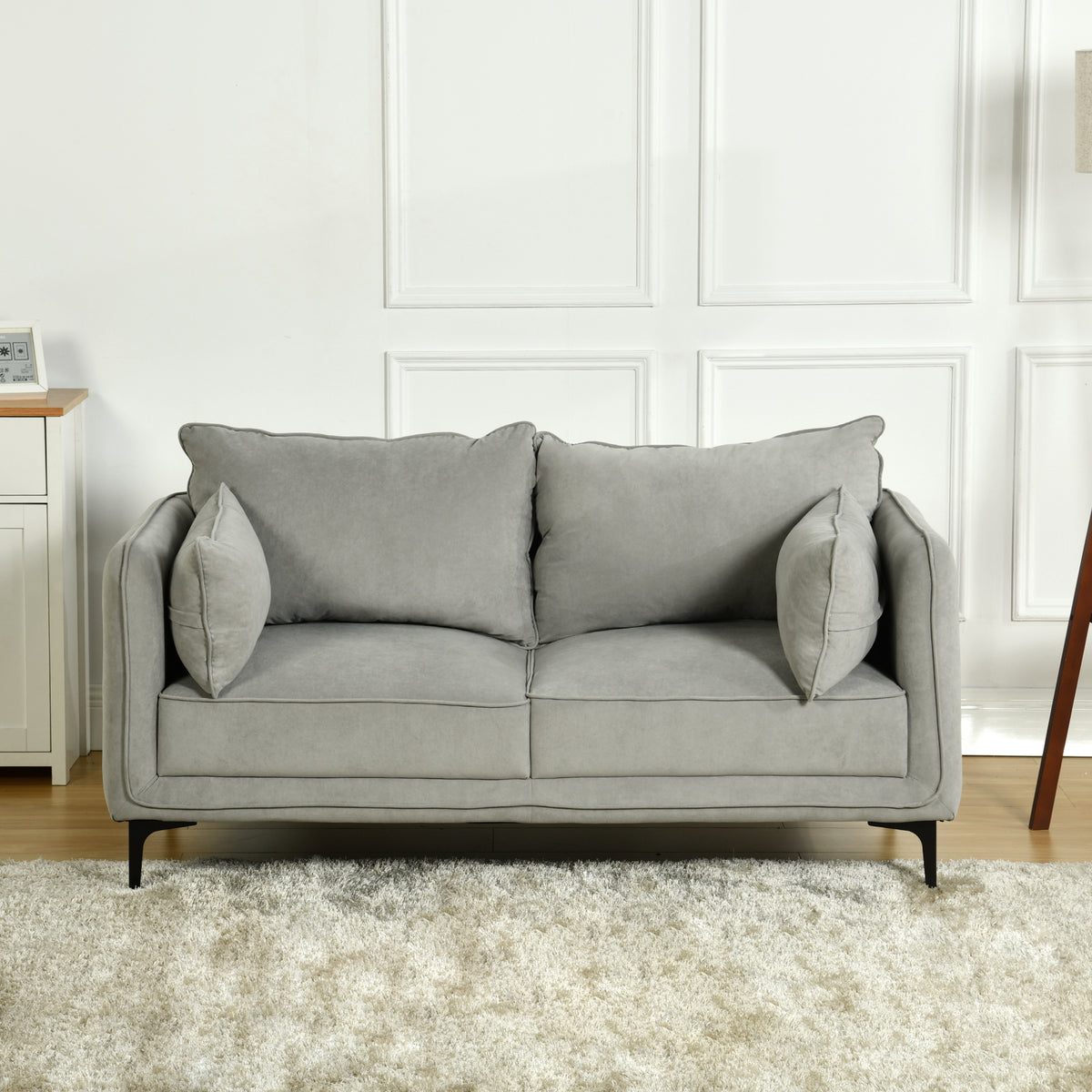 Modern Velvet Upholstered Sofa, Black Legs - Makula Double GREY