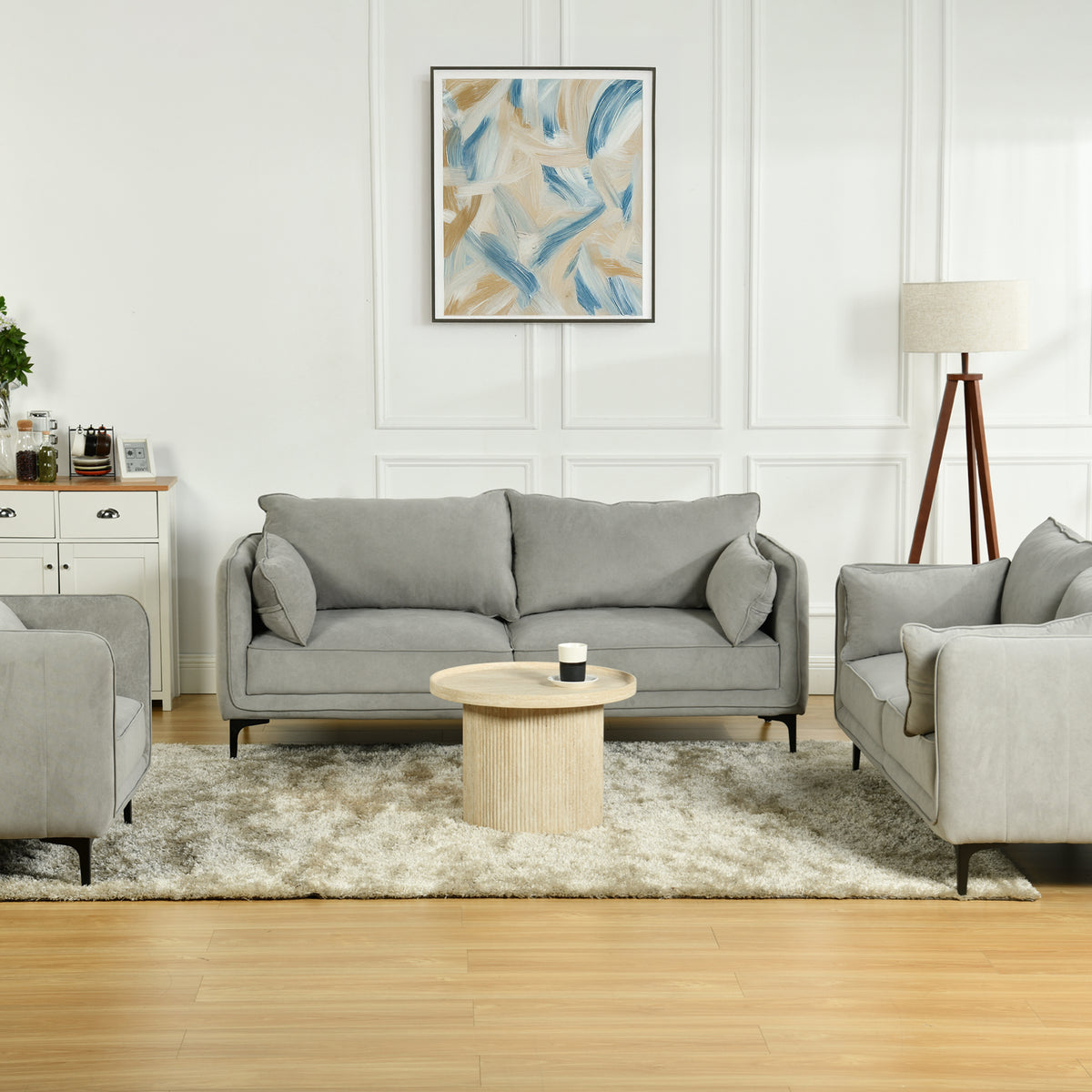 Modern Velvet Upholstered Sofa, Black Legs - Makula Double GREY