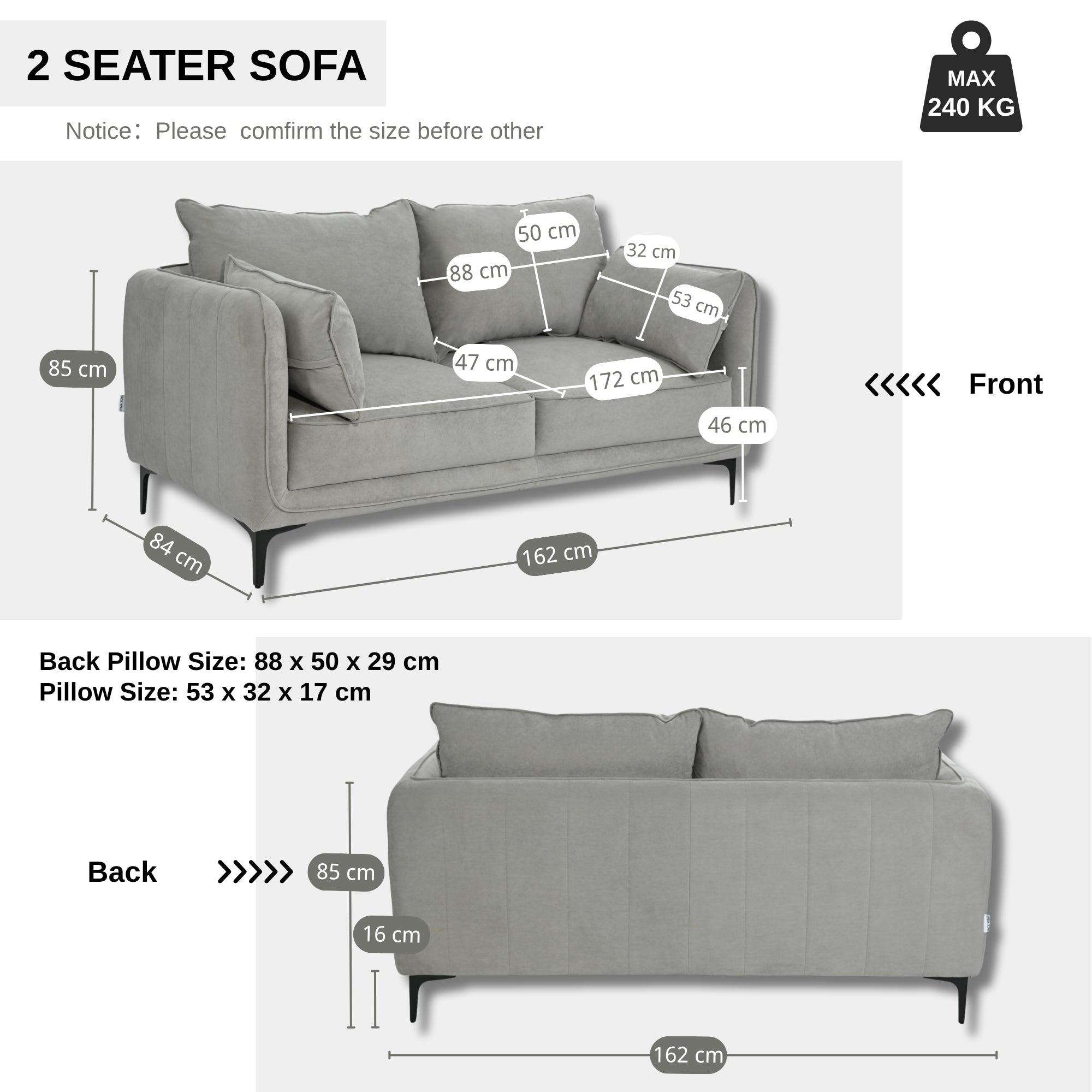 Modern Velvet Upholstered Sofa, Black Legs - Makula Double GREY