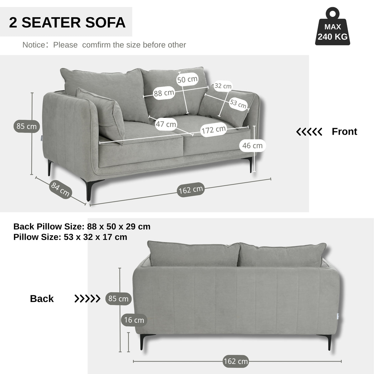 Modern Velvet Upholstered Sofa, Black Legs - Makula Double GREY