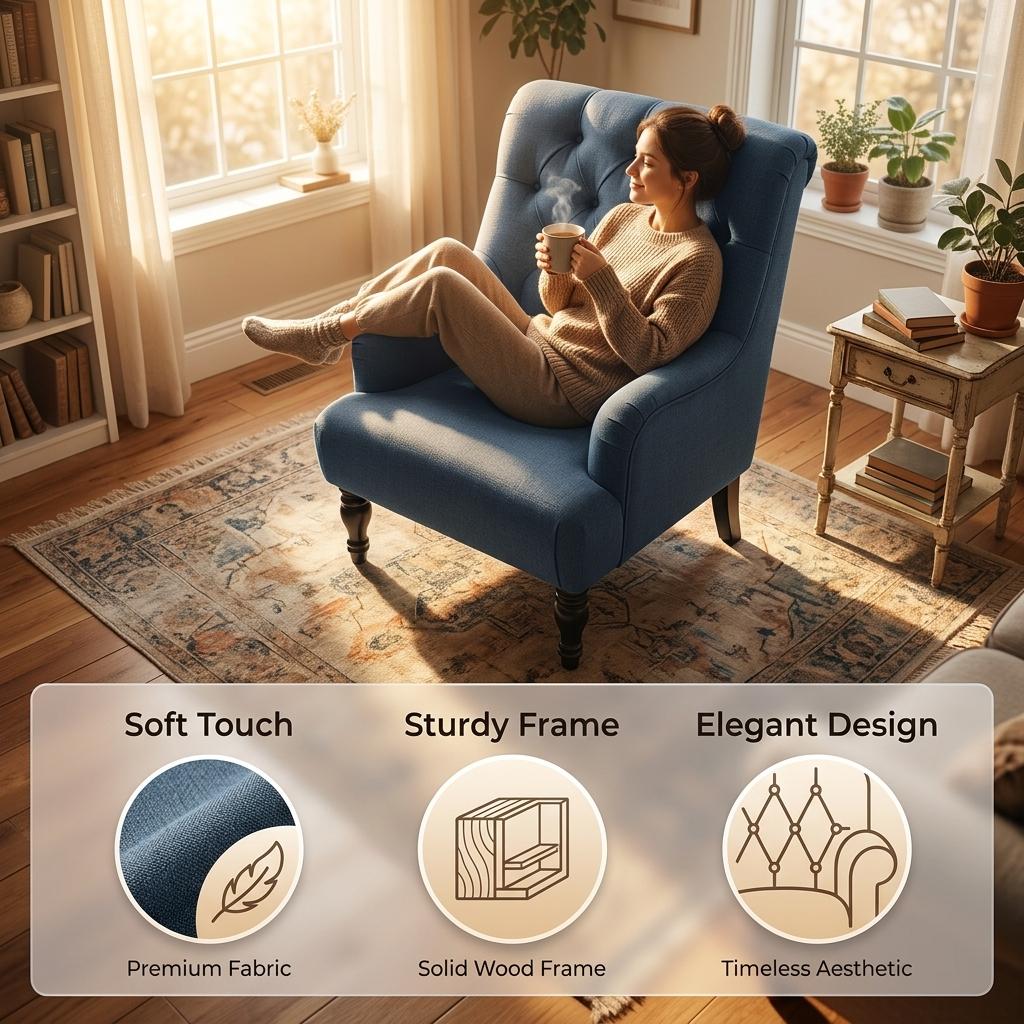 Modern Velvet Accent Chair, Solid Wood Legs - AIMEE BLUE