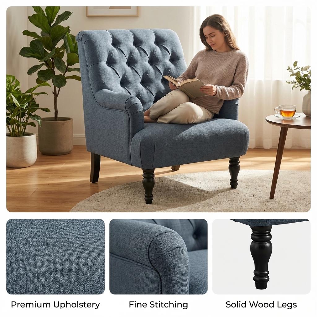 Modern Velvet Accent Chair, Solid Wood Legs - AIMEE BLUE