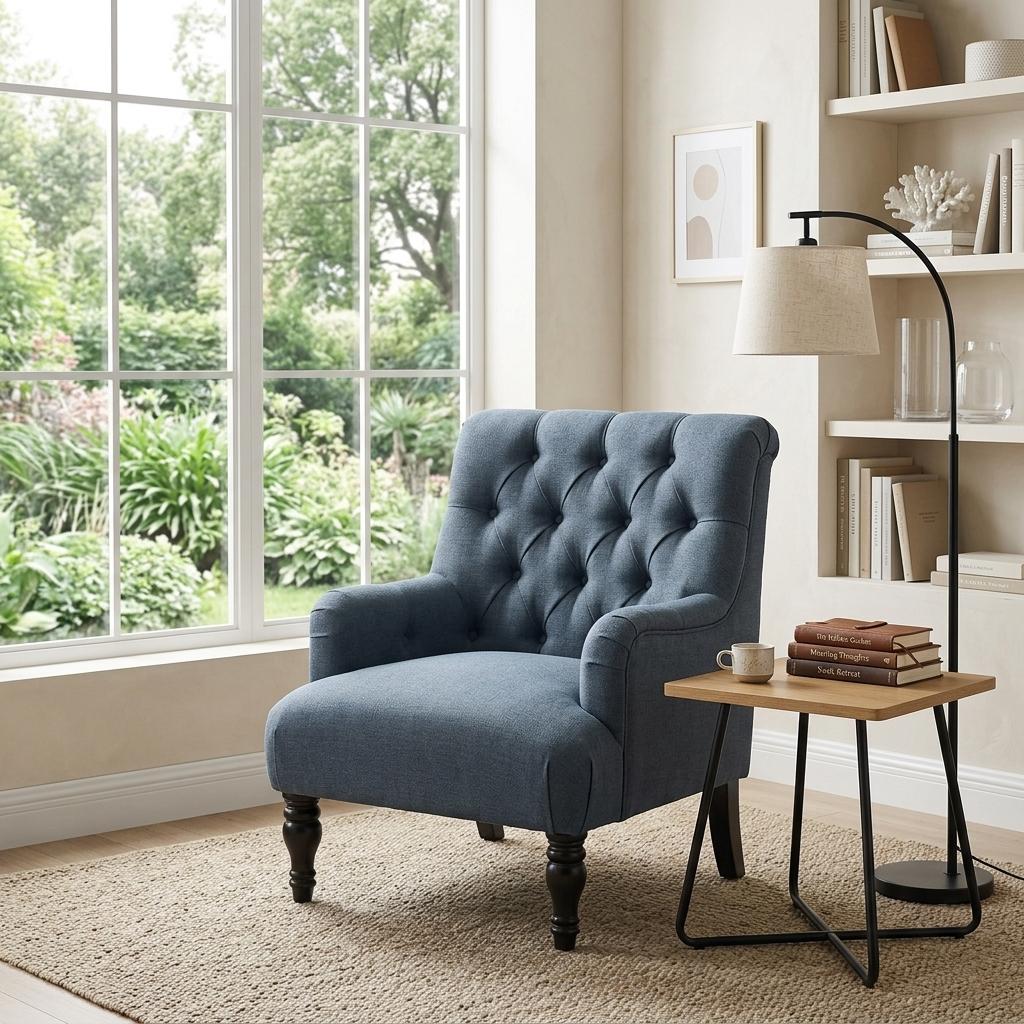 Modern Velvet Accent Chair, Solid Wood Legs - AIMEE BLUE