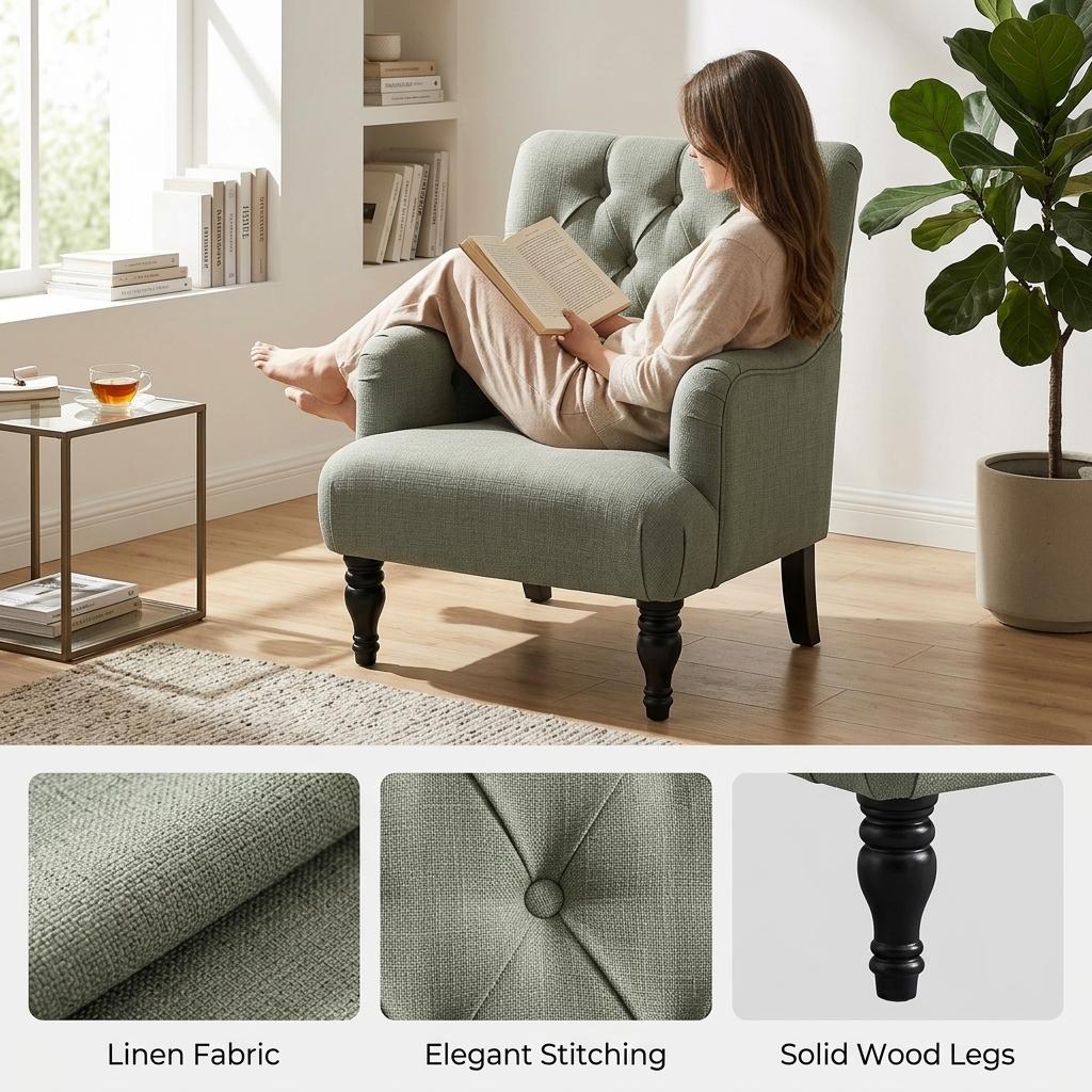 Modern Velvet Accent Chair, Solid Wood Legs - AIMEE GREEN