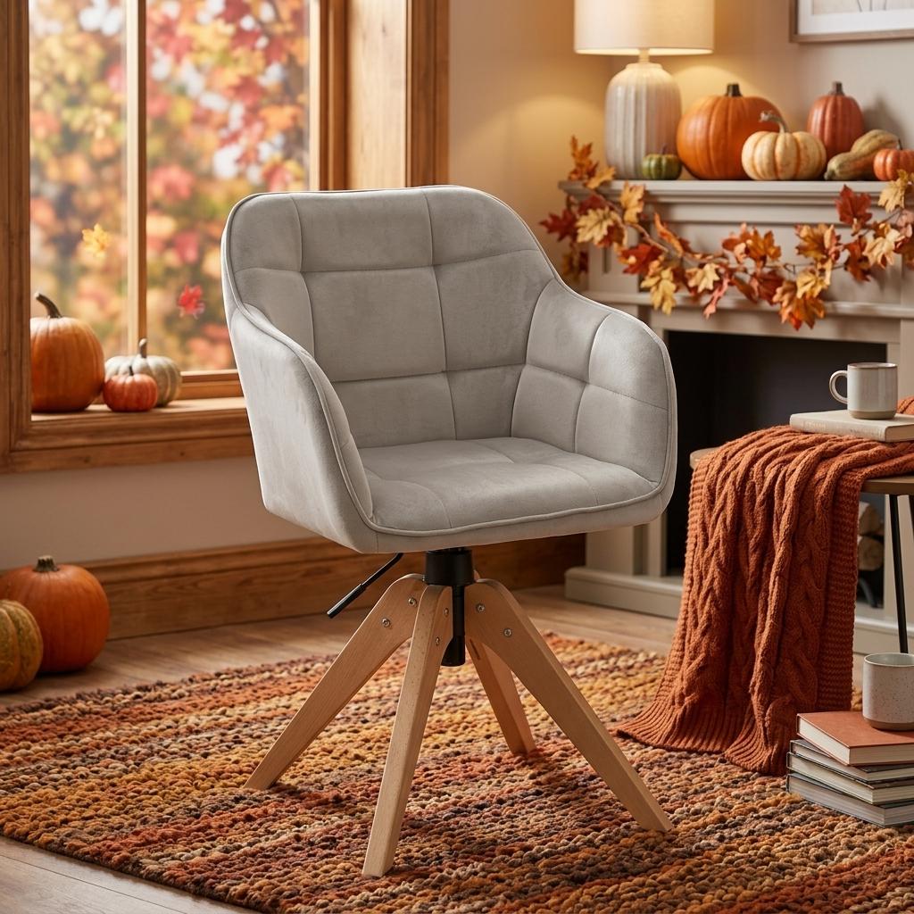 Modern Velvet Office Chair, Solid Wood Legs – AJAX BEIGE
