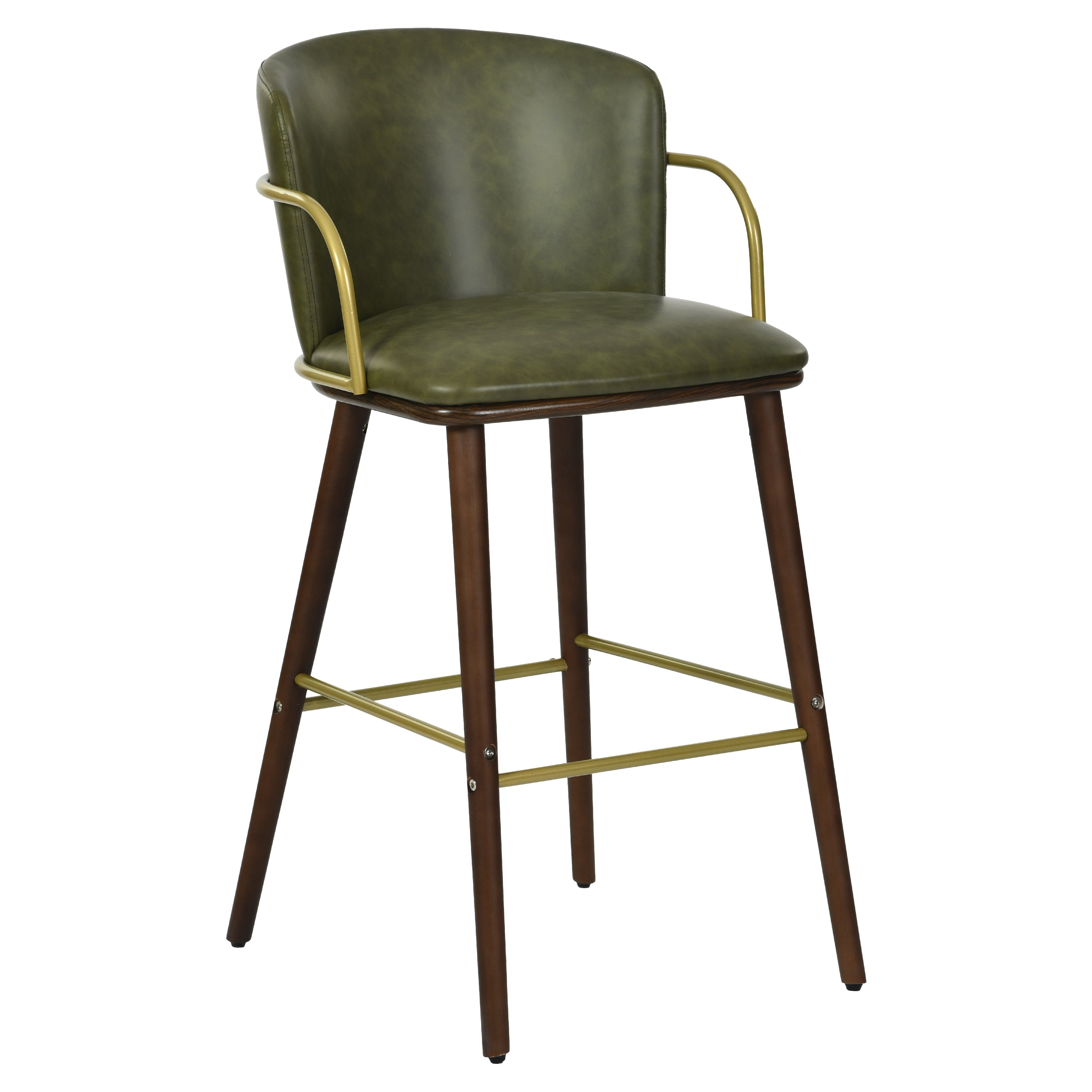 Modern Barstool, Dark Green PU Leather & Solid Wood Leg - ARIC
