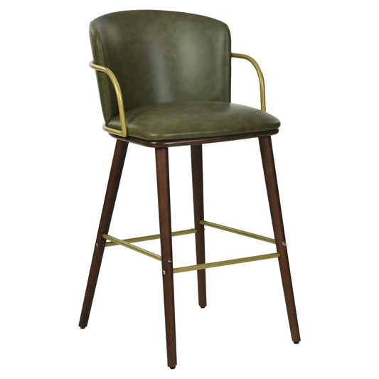 Modern Barstool, Dark Green PU Leather & Solid Wood Leg - ARIC