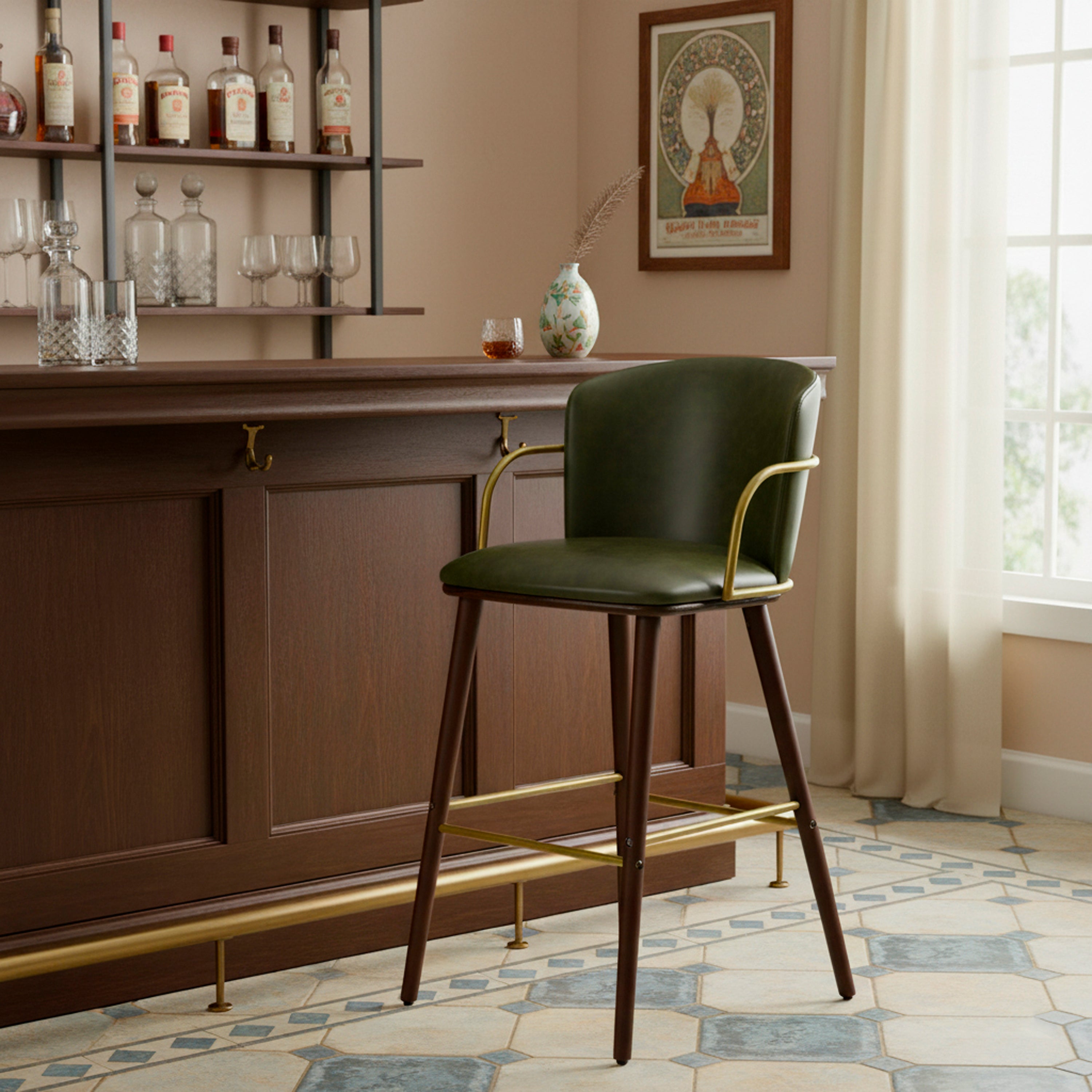 Modern Barstool, Dark Green PU Leather & Solid Wood Leg - ARIC