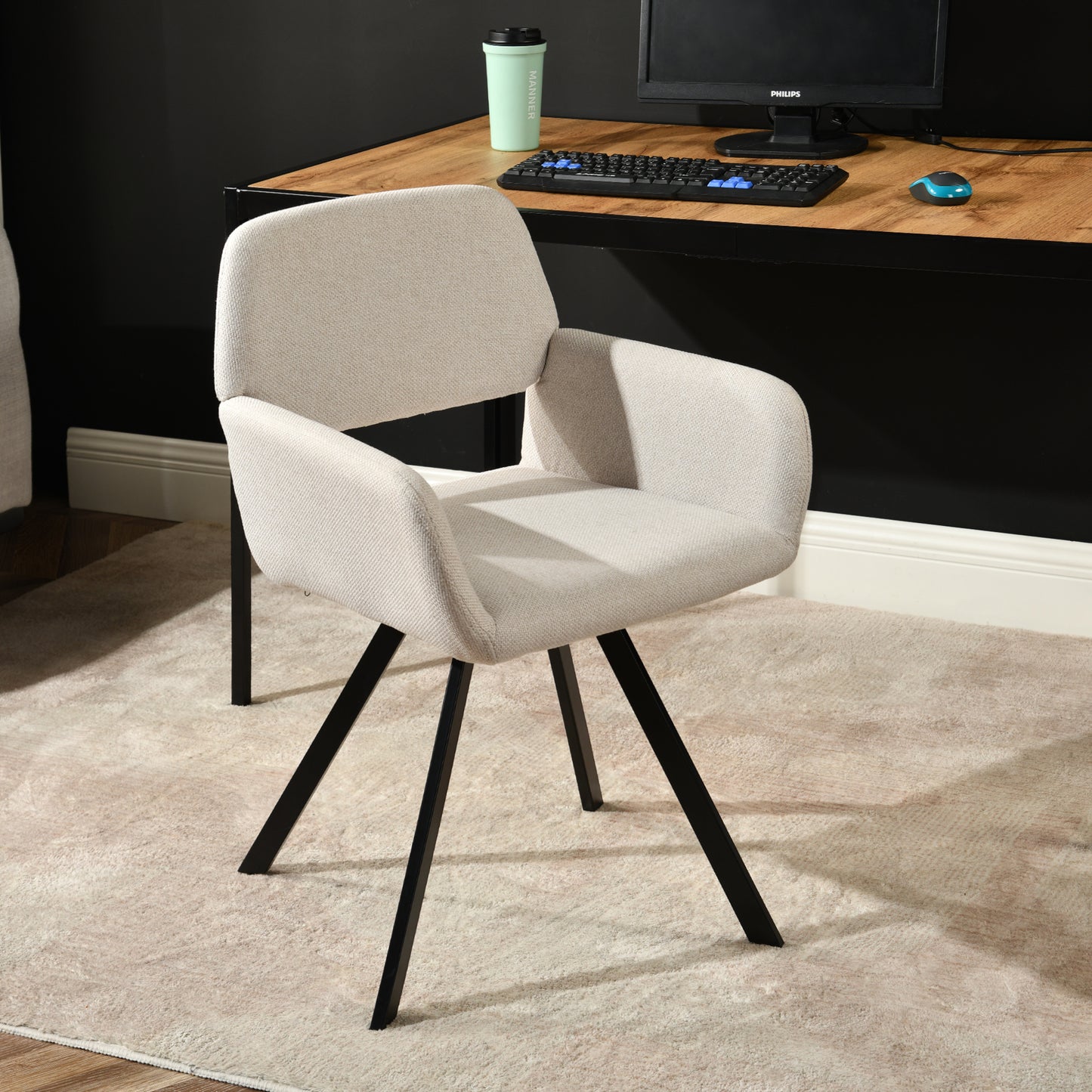 Modern Swivel Dining Chair, Beige Fabric & Black Legs - CALIFORNIA KD BEIGE SWIVEL A