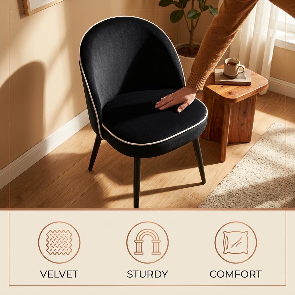 Modern Velvet Dining, Contrast Piping Chair - CAMPAIR BLACK