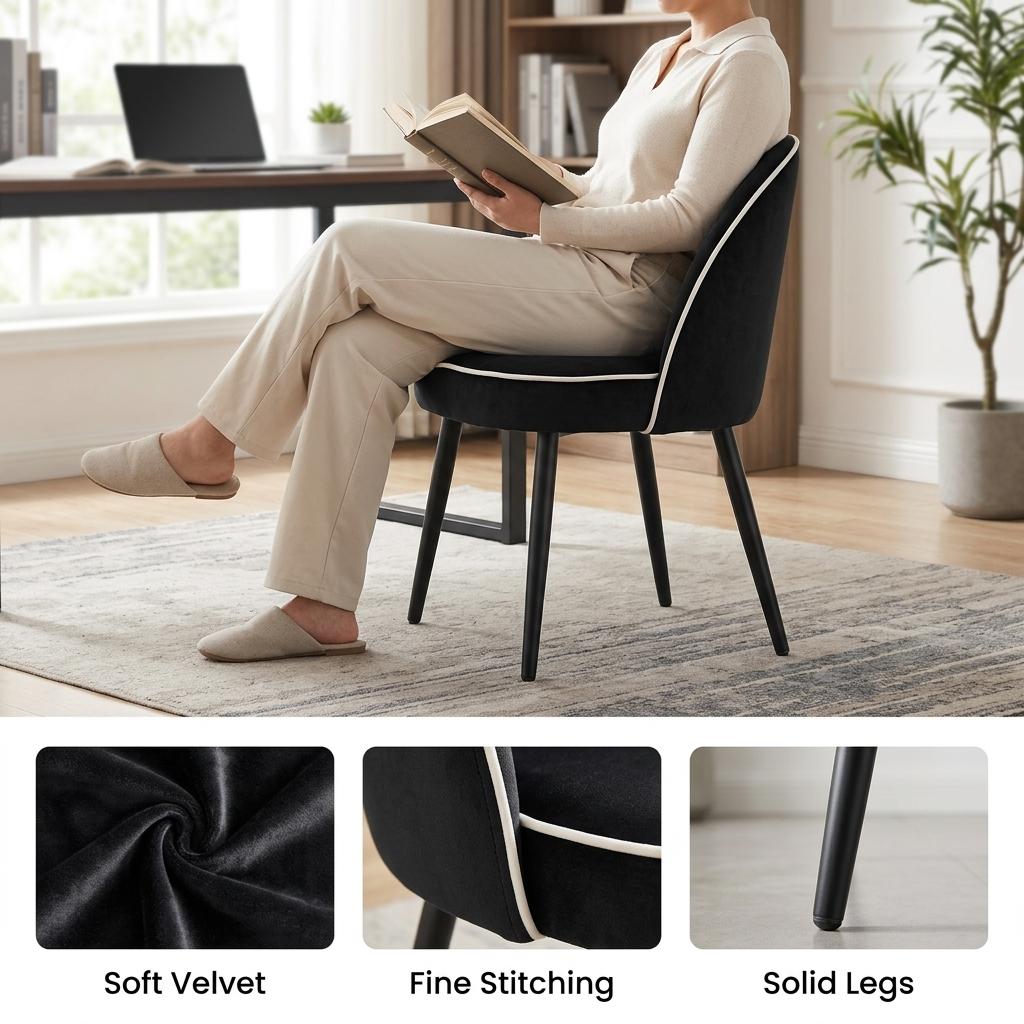Modern Velvet Dining, Contrast Piping Chair - CAMPAIR BLACK