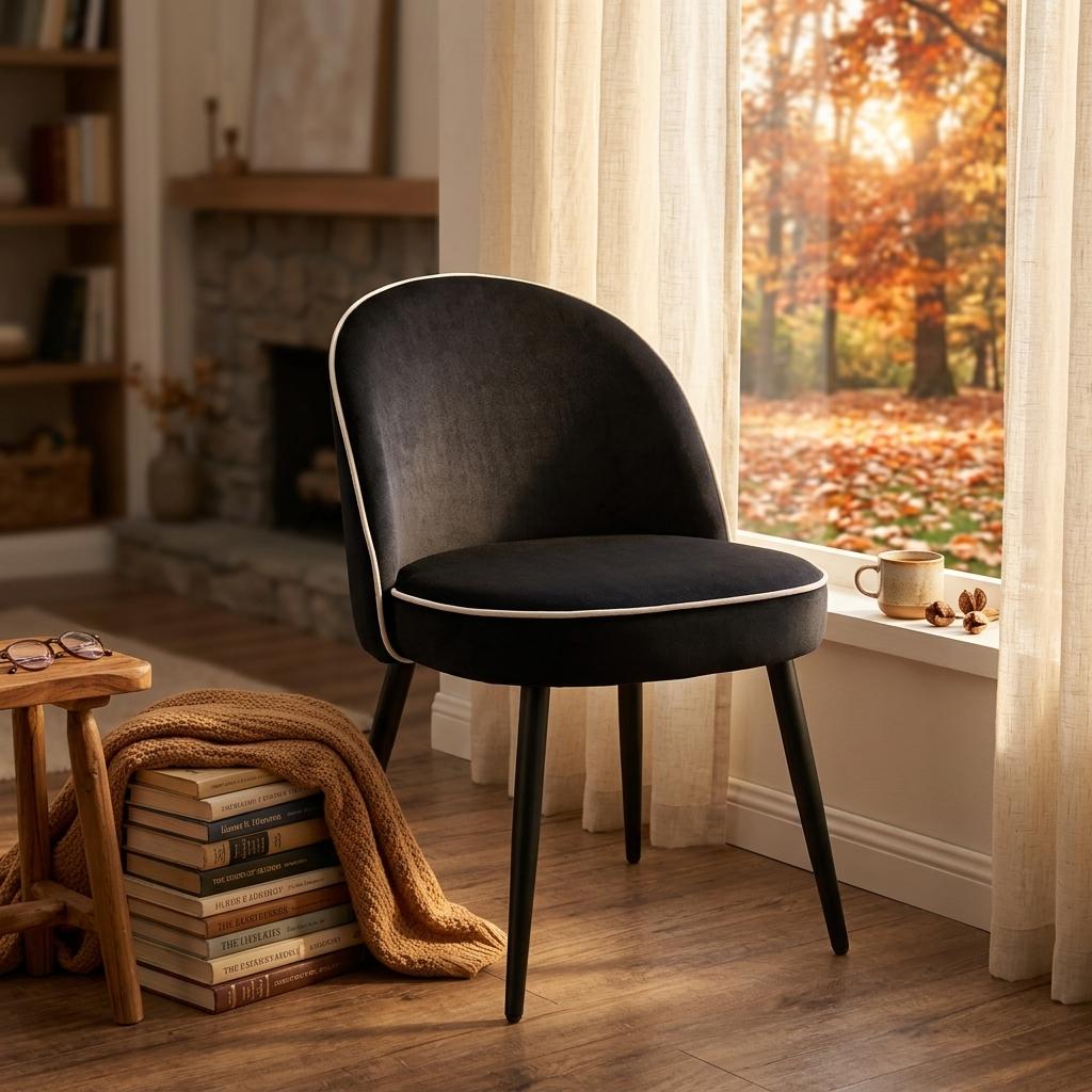 Modern Velvet Dining, Contrast Piping Chair - CAMPAIR BLACK