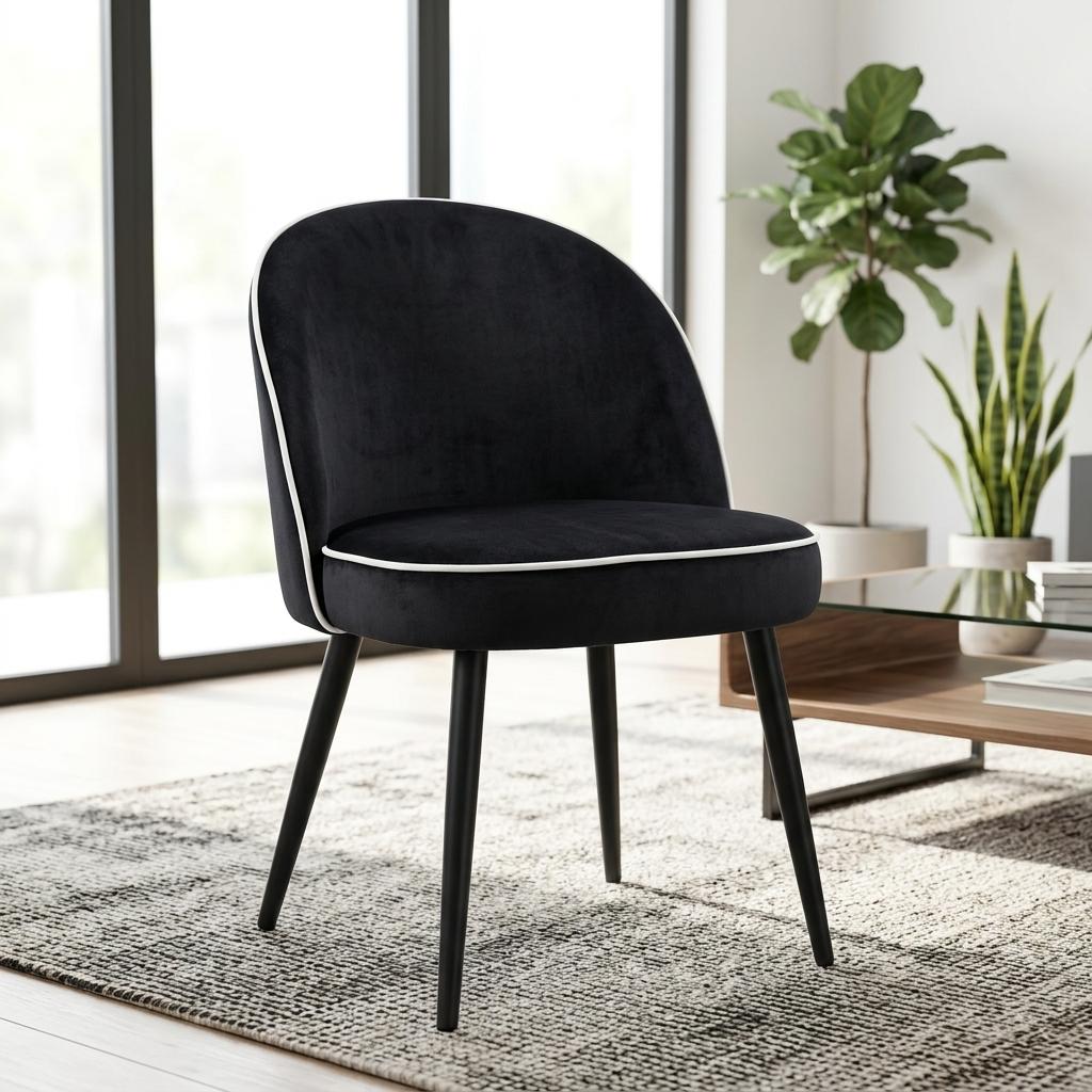 Modern Velvet Dining, Contrast Piping Chair - CAMPAIR BLACK