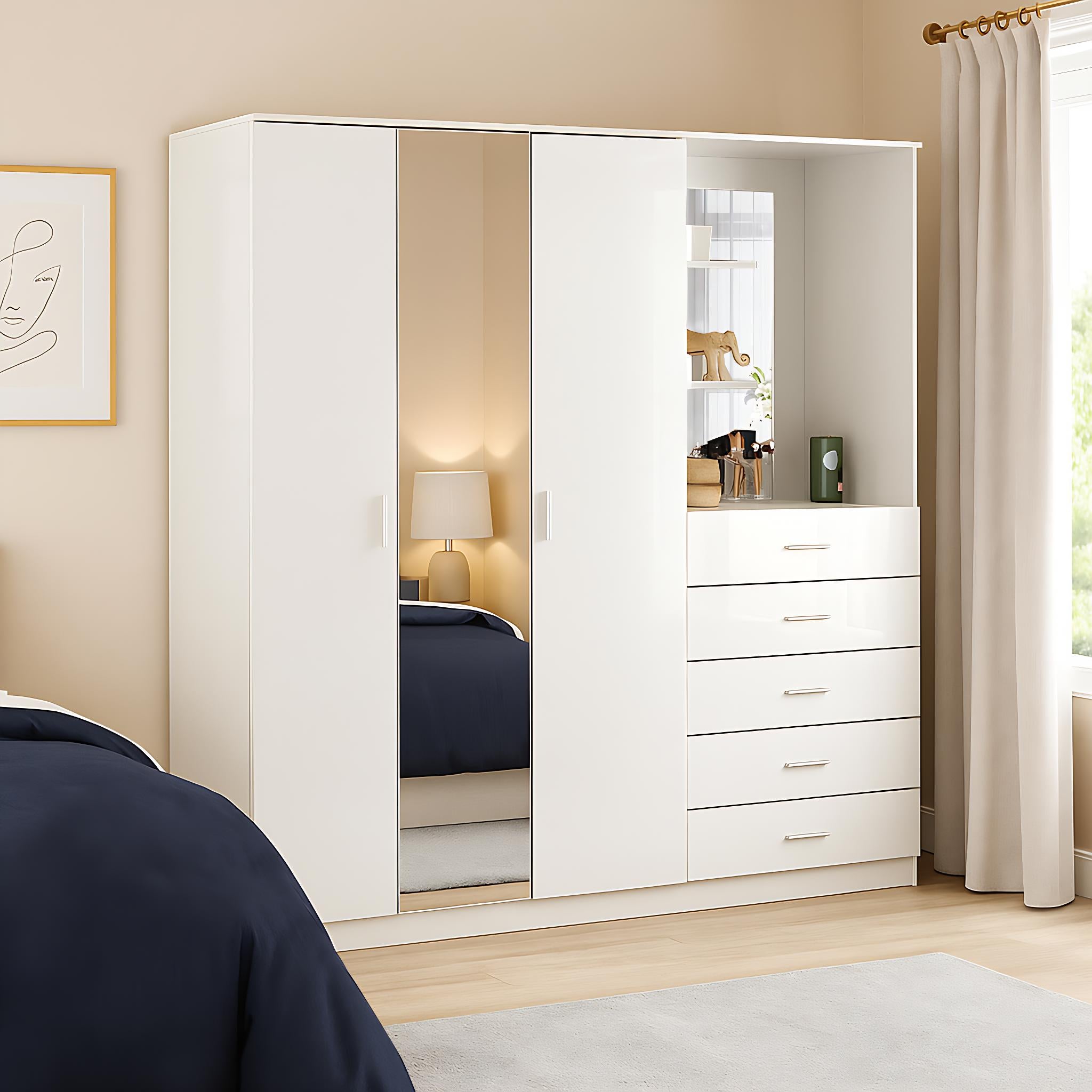 Modern High Gloss Wardrobe, Melamine Finish - CARLETON HIGH GLOSS MIRROR COMBI UNIT