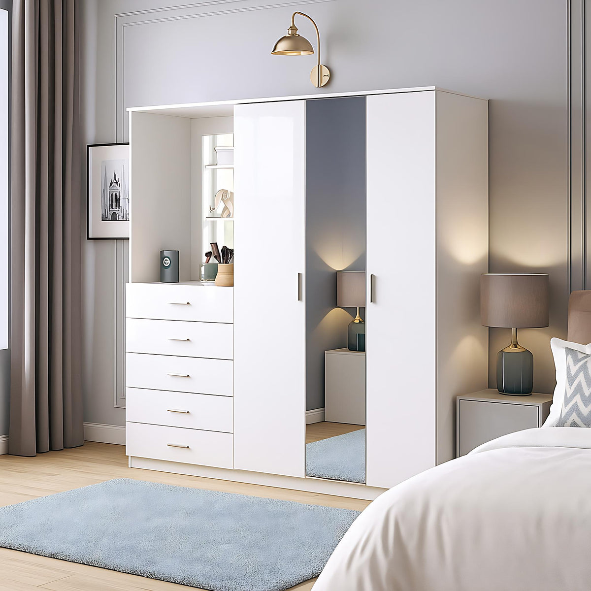 Modern High Gloss Wardrobe, Melamine Finish - CARLETON Mirror Combi Unit