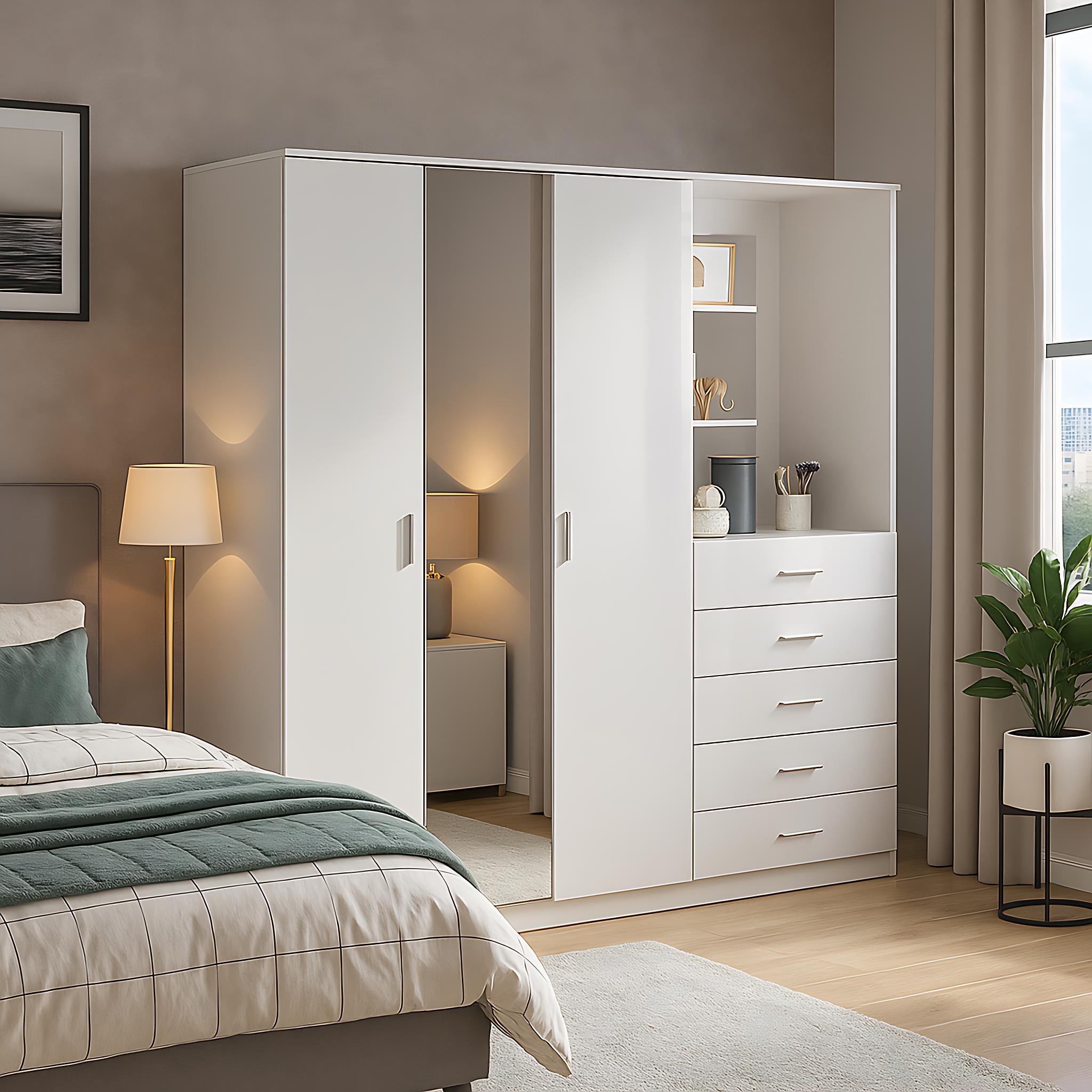 Modern High Gloss Wardrobe, Melamine Finish - CARLETON HIGH GLOSS MIRROR COMBI UNIT
