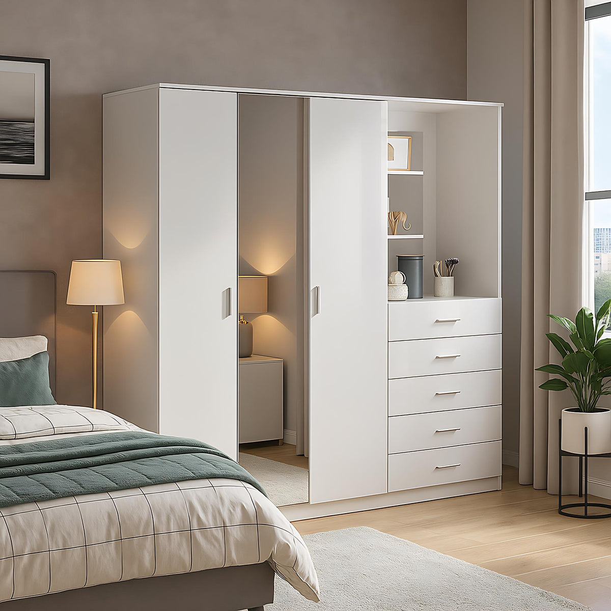 Modern High Gloss Wardrobe, Melamine Finish - CARLETON Mirror Combi Unit