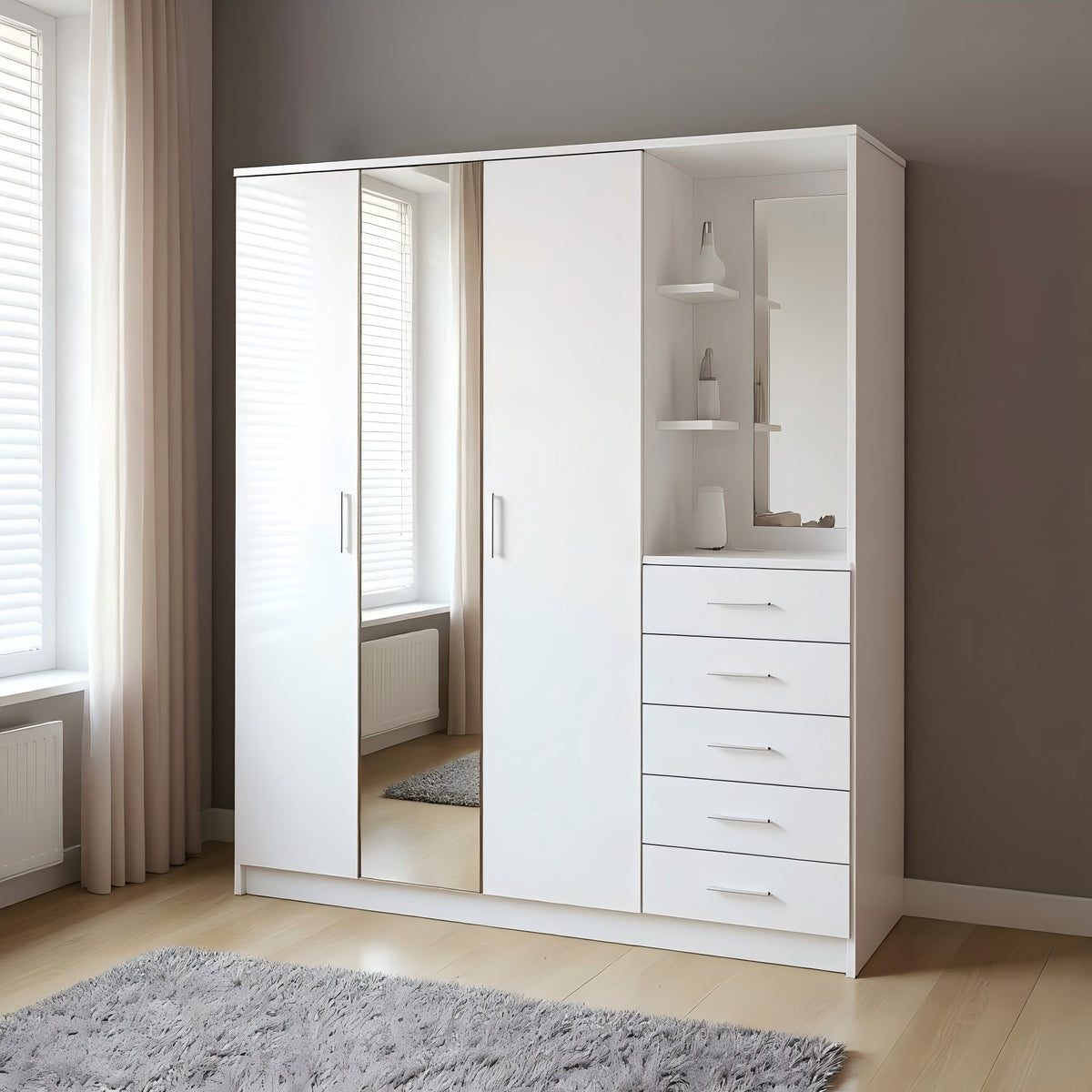 Modern High Gloss Wardrobe, Melamine Finish - CARLETON Mirror Combi Unit