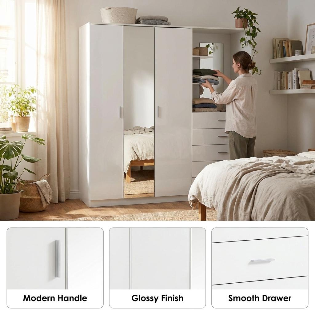 Modern High Gloss Wardrobe, Melamine Finish - CARLETON HIGH GLOSS MIRROR COMBI UNIT