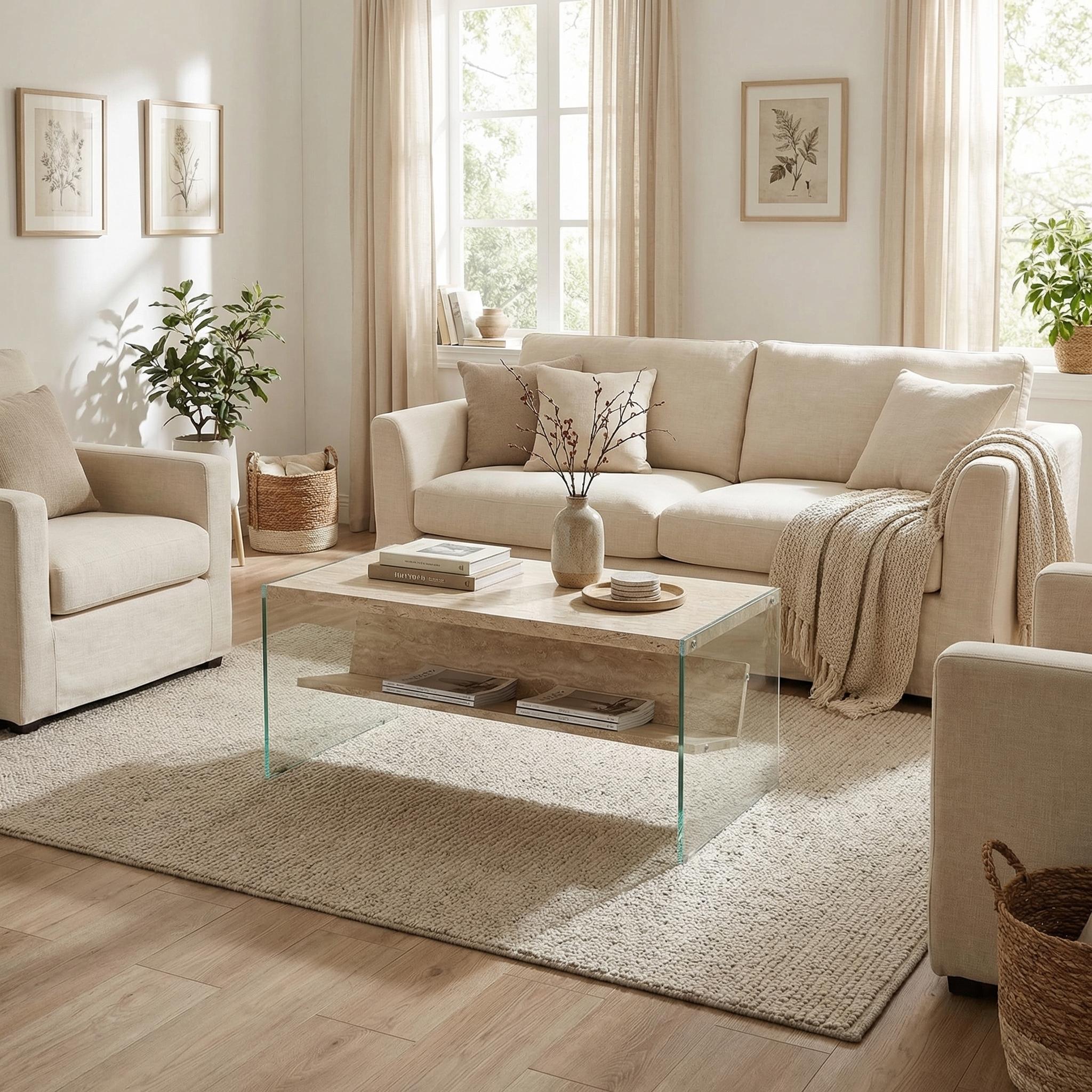 Unviciousness Modern Minimalist Travertine, Beige Hollow Panel - CASSIDY COFFEE TABLE