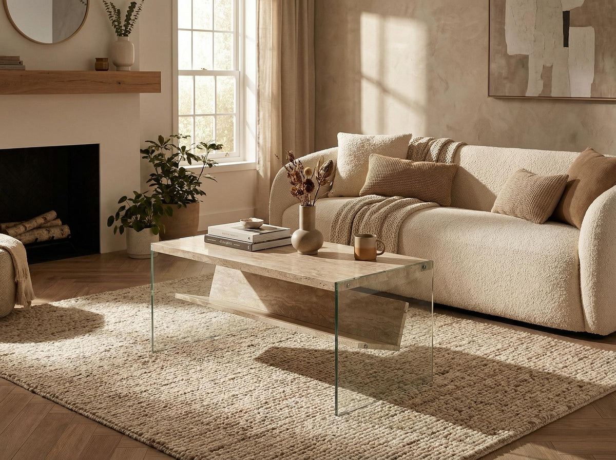 Unviciousness Modern Minimalist Travertine, Beige Hollow Panel - CASSIDY COFFEE TABLE