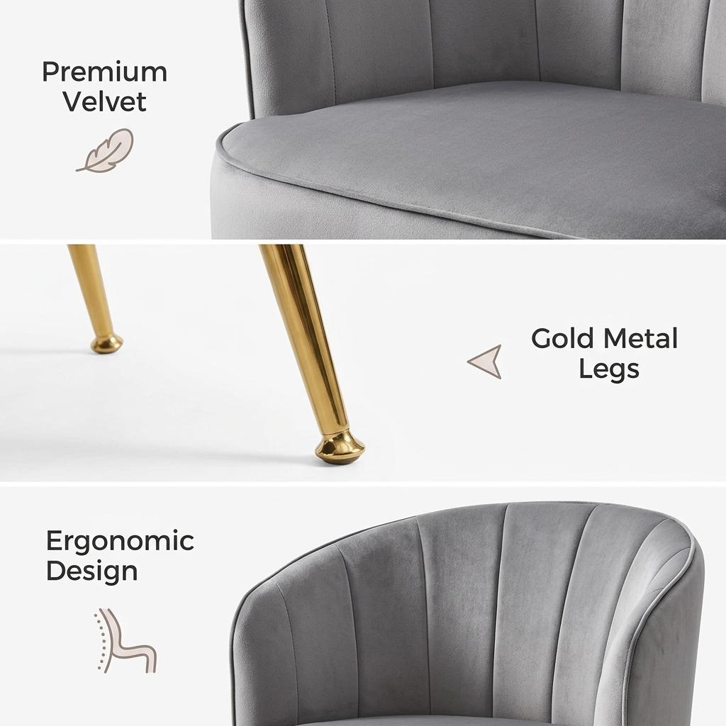 Modern Velvet Dining Chair, Gold Frame Esme Accent Chair - CATHAL GREY