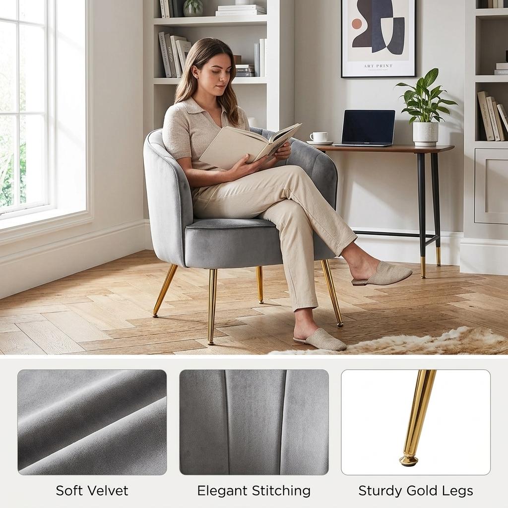 Modern Velvet Dining Chair, Gold Frame Esme Accent Chair - CATHAL GREY